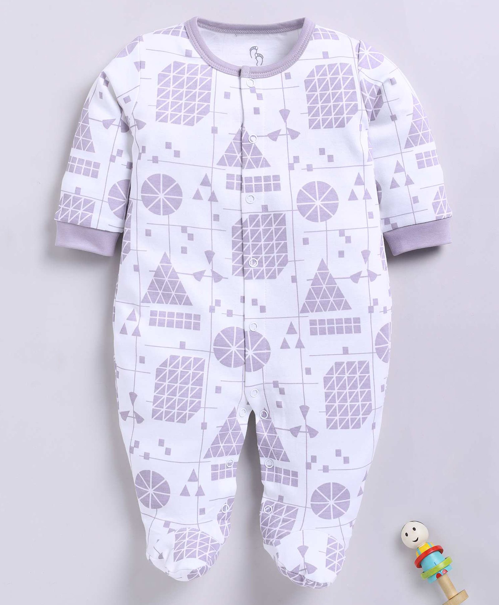 BABY GO Cotton Knit Full Sleeves Geometry Shapes Printed Sleepsuit - Off White-picture-46