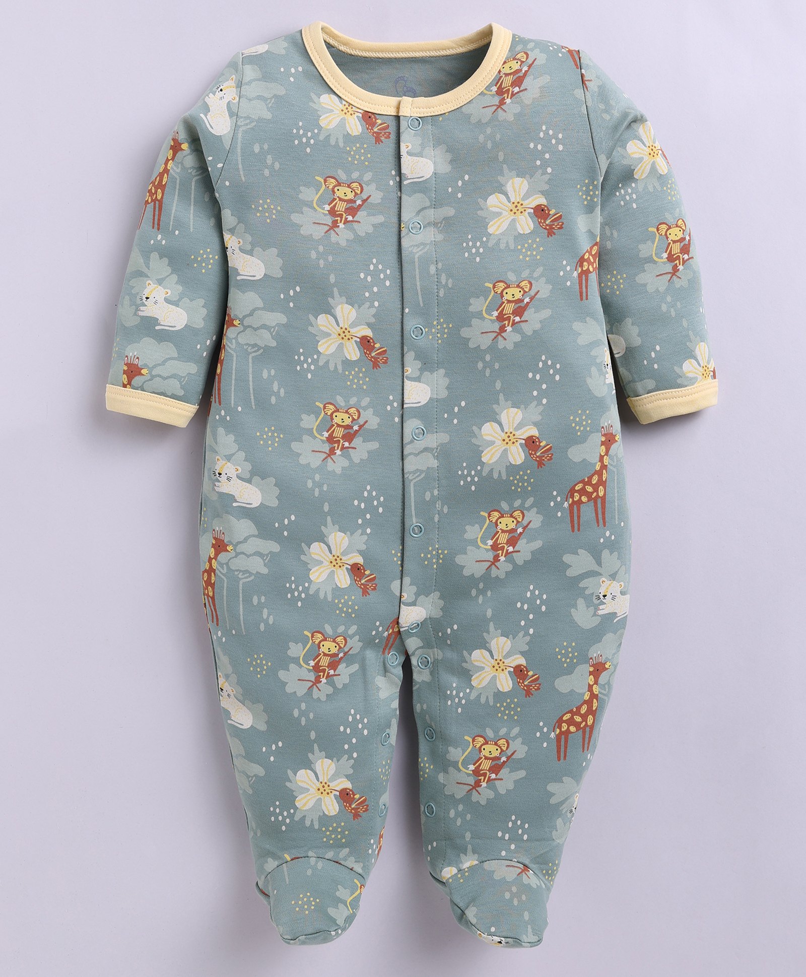 BABY GO Cotton Knit Full Sleeves Animals Printed Sleepsuit - Olive-image-44