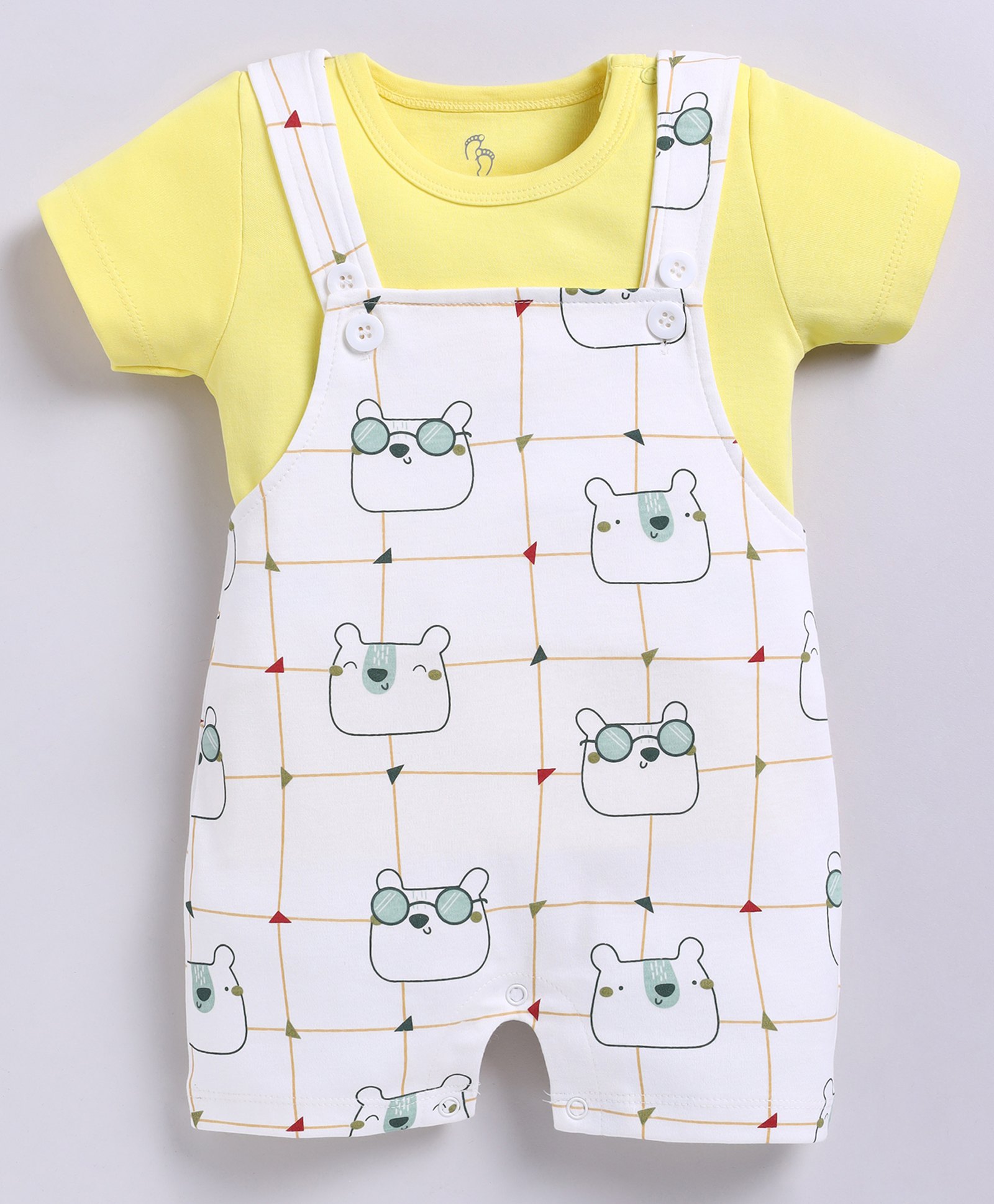 BABY GO Cotton Knit Cartoon Animal Face Printed Dungaree With Tee - Yellow & White-picture-28