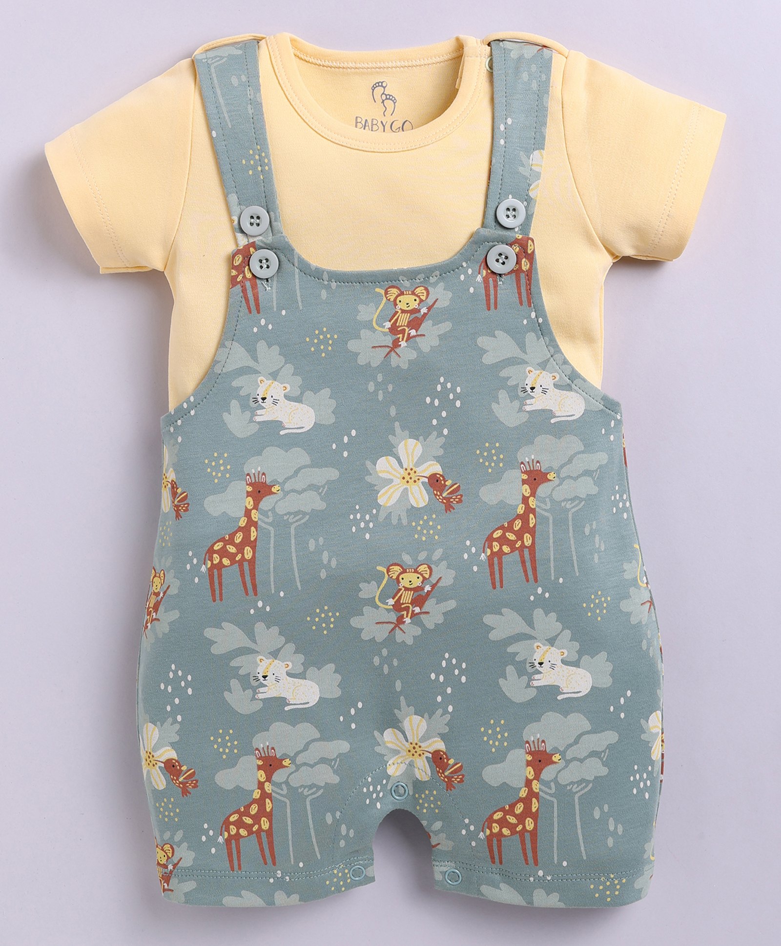BABY GO Cotton Knit Animals Printed Dungaree With Half Sleeves Tee - Olive-picture-25