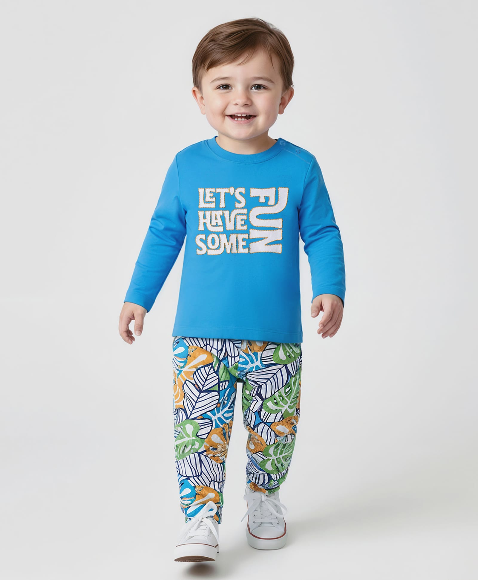 Babyoye Single Jersey Knit Full Sleeves Double Gauze T-Shirt & Lounge Pant Set With Text & Leaf Print - Blue-image-15