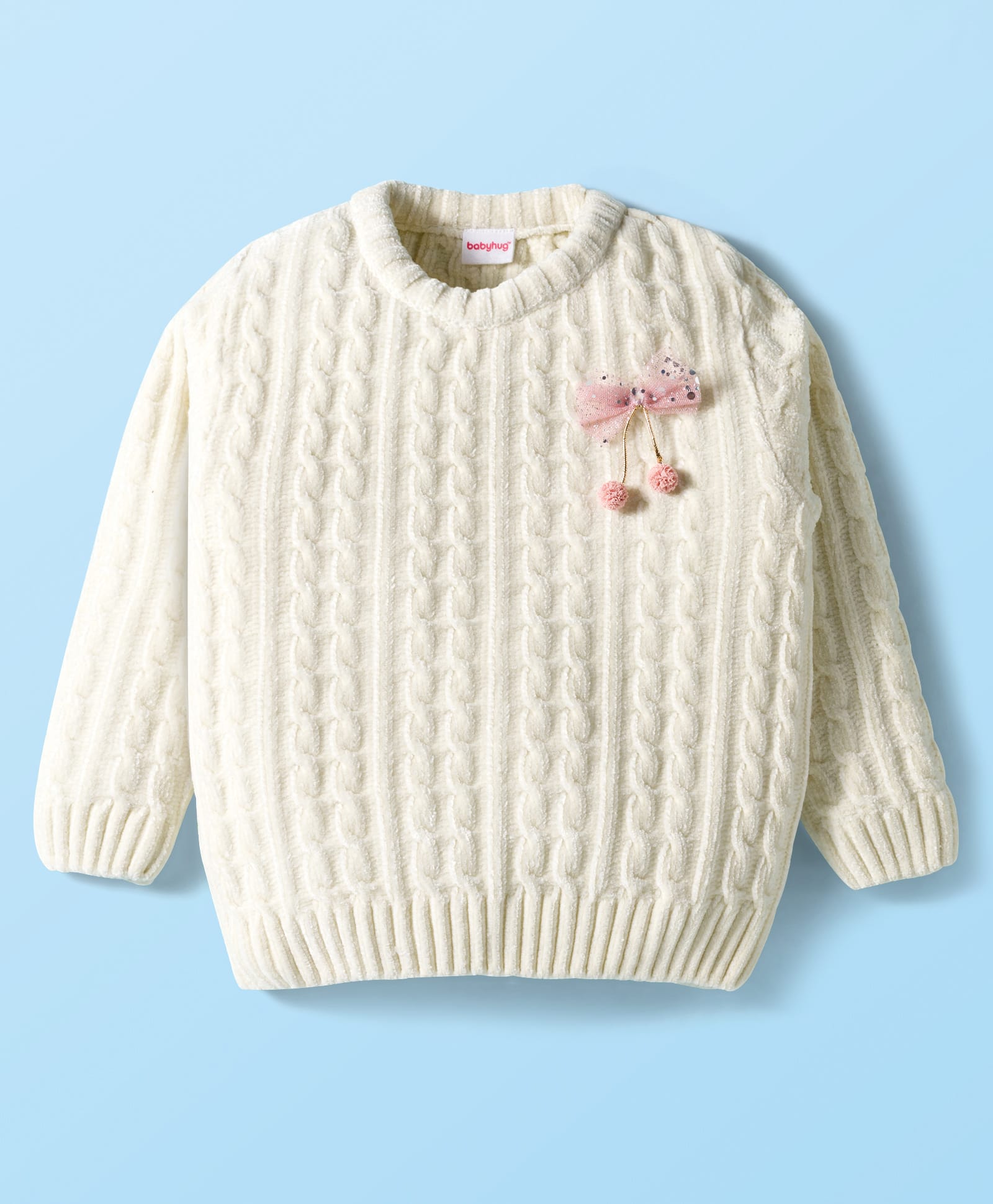 Babyhug Knitted Full Sleeves Pullover Sweater With Bow Applique - White-image-31