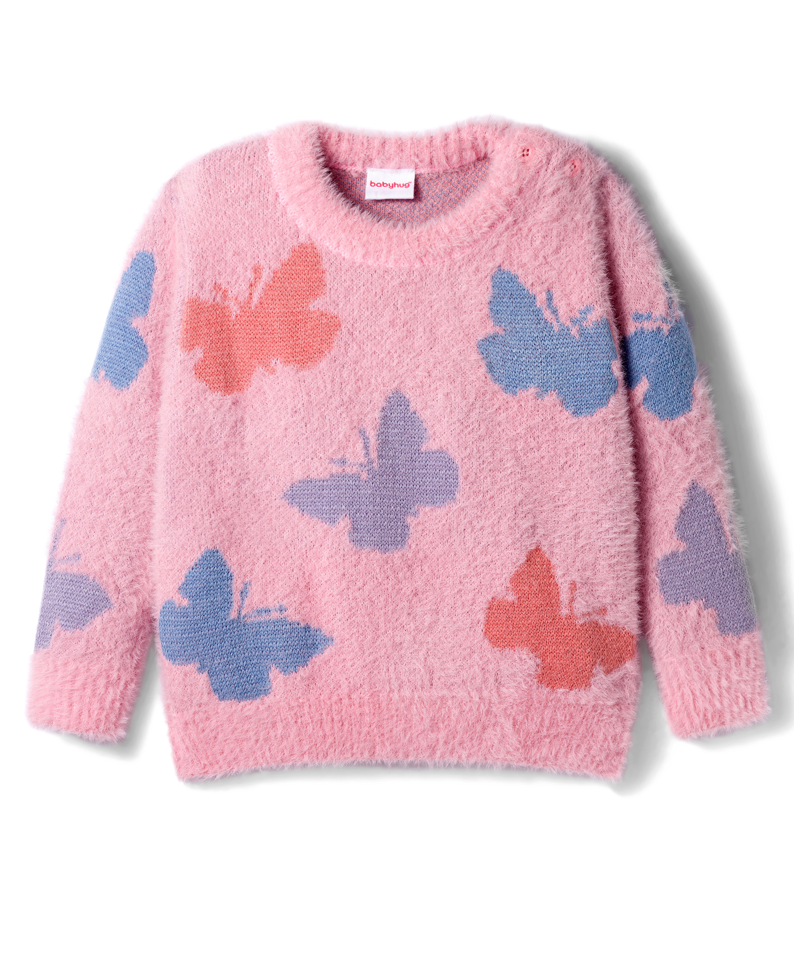 Babyhug Knit Full Sleeves Pullover Sweater with Butterfly Design - Pink-picture-10