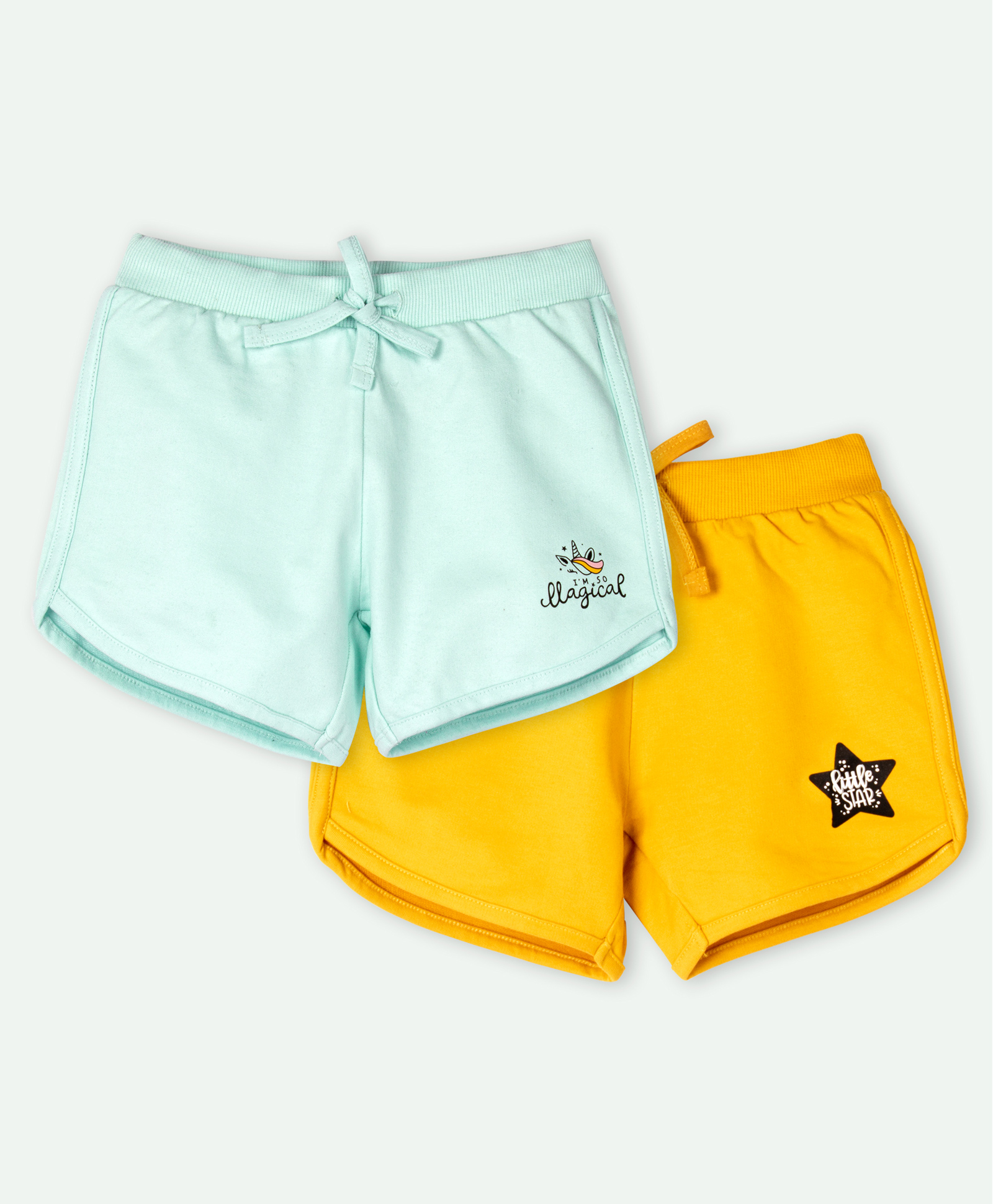 Ariel Cotton Knit Pack Of 2 I M So Magical & Little Star Text Printed Shorts - Sky Blue & Mustard-picture-11