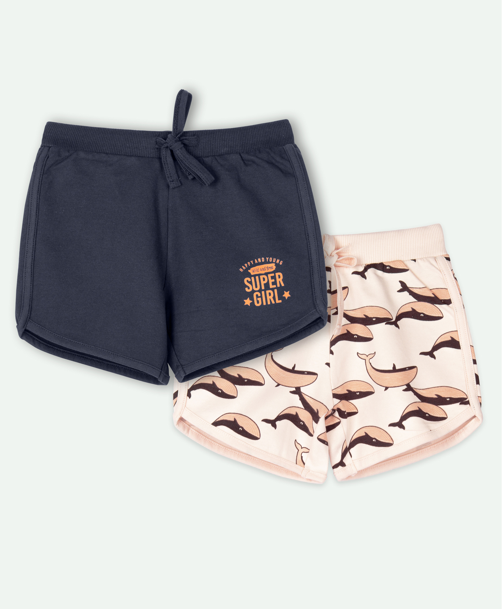 Ariel Cotton Knit Pack Of 2 Super Girl Text & Whales Printed Shorts - Navy Blue & Peach-picture-23