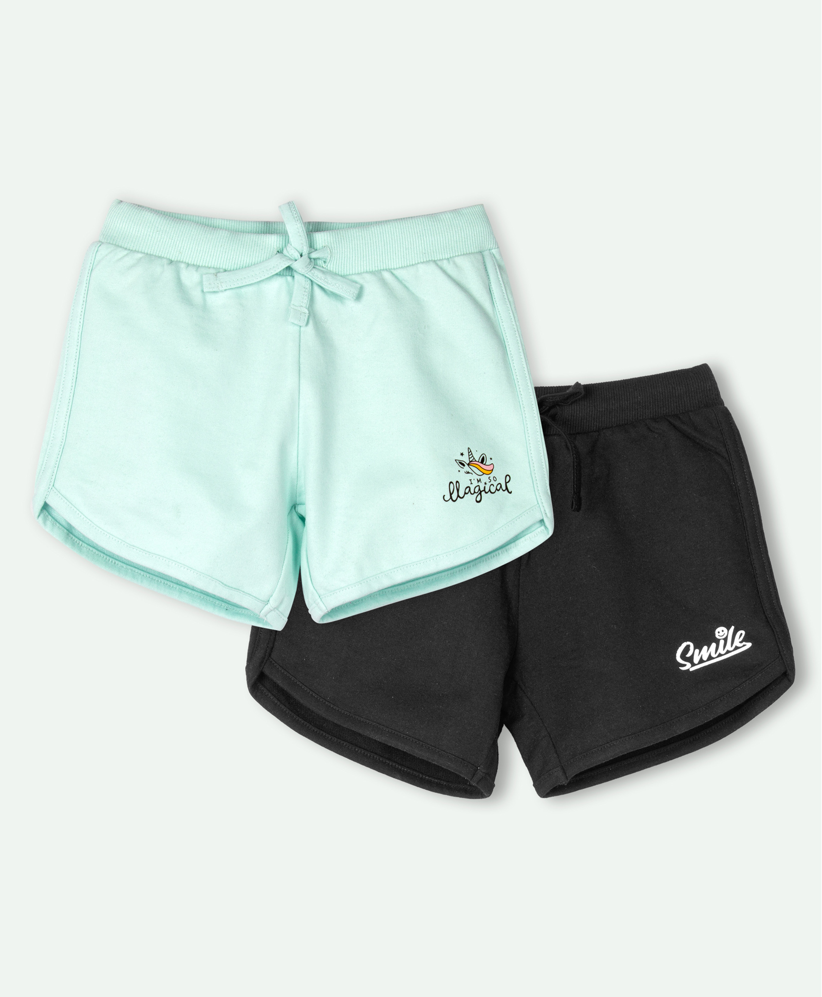 Ariel Cotton Knit Pack Of 2 Smile & I M So Magical Text Printed Shorts - Sky Blue & Black-picture-24
