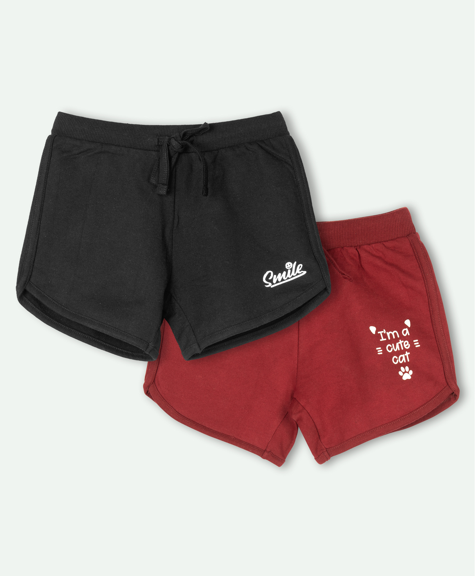 Ariel Cotton Knit Pack Of 2 Smile & I M A Cute Cat Text Printed Shorts - Black & Maroon-picture-11