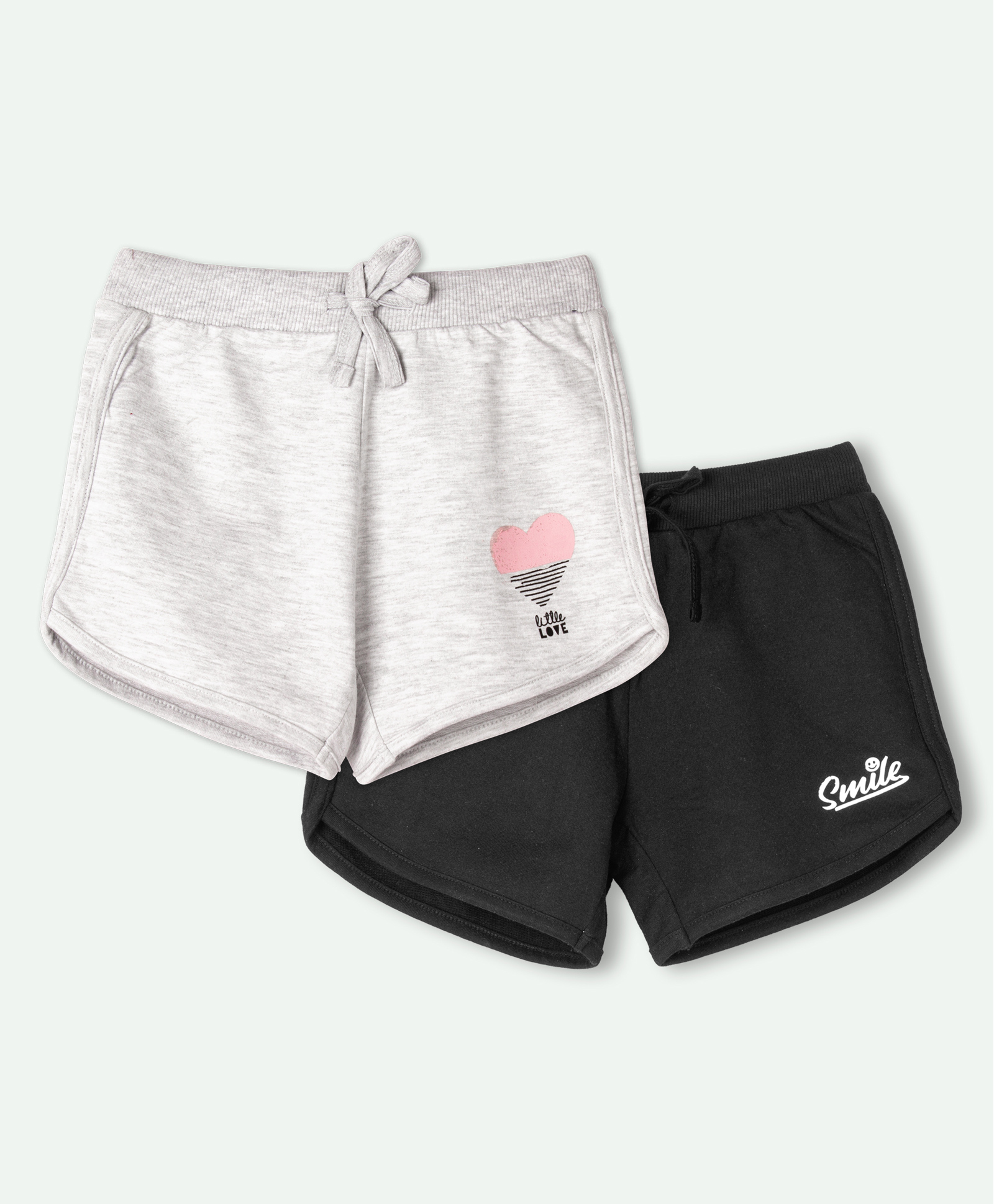 Ariel Cotton Knit Pack Of 2 Heart & Smile Text Printed Shorts - Grey & Black-picture-10