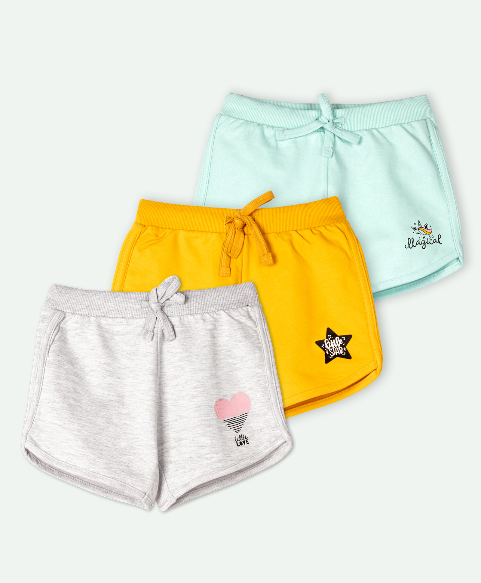 Ariel Cotton Knit Pack Of 3 Heart & Little Star Text Printed Shorts - Blue Yellow & Grey-picture-16