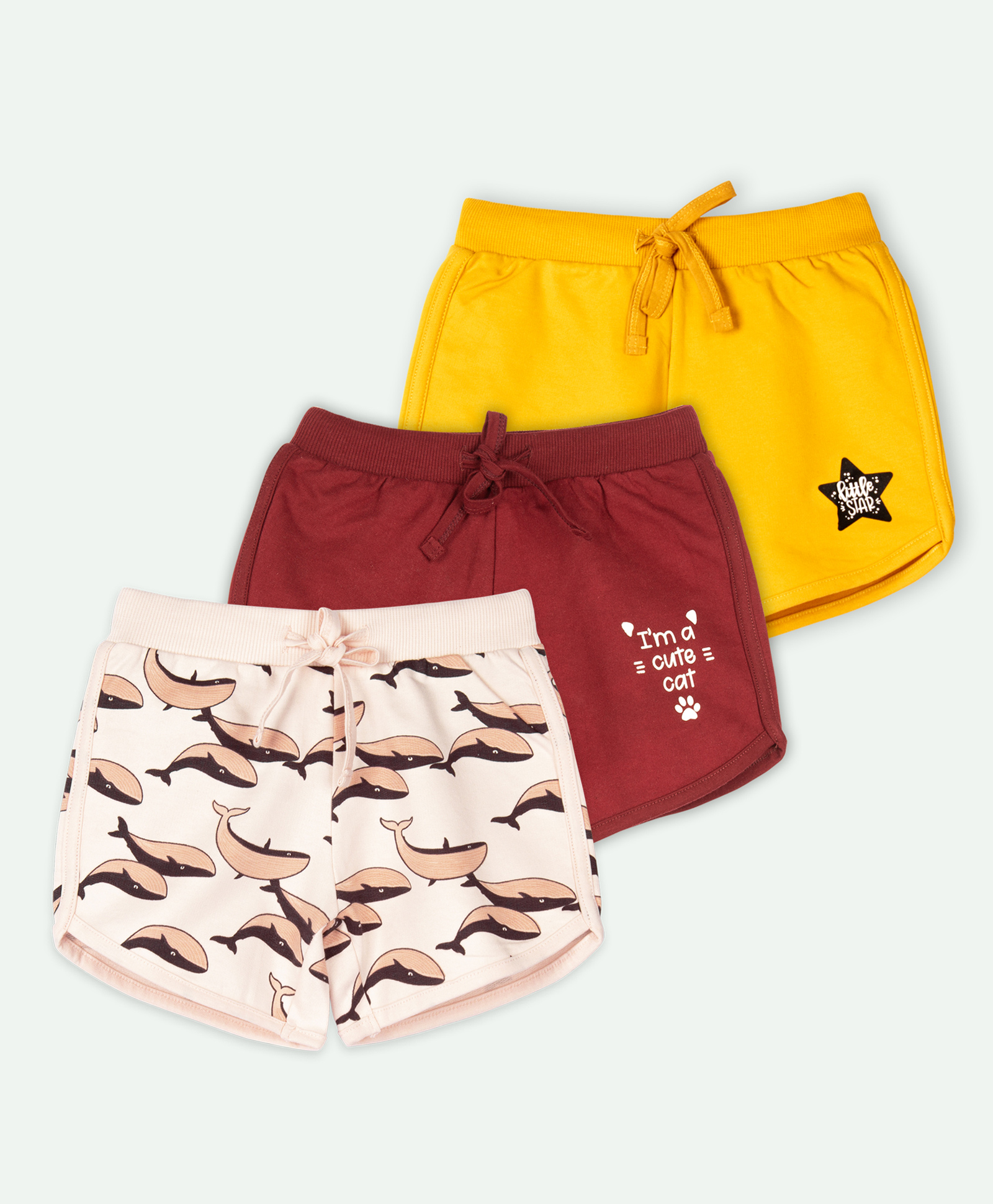 Ariel Cotton Knit Pack Of 3 Whale & Little Star Text Printed Shorts - Yellow Maroon & Peach-picture-11