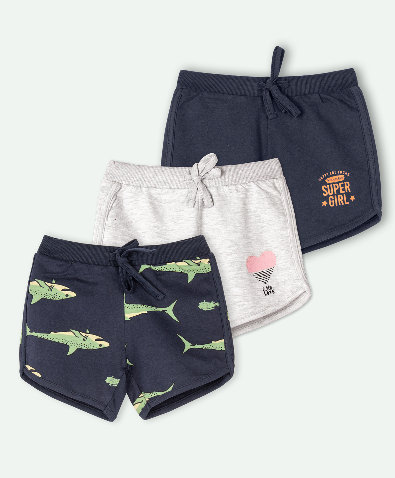 Ariel Cotton Knit Pack Of 3 Sharks & Super Girl Text Printed Shorts - Grey & Navy Blue-picture-28