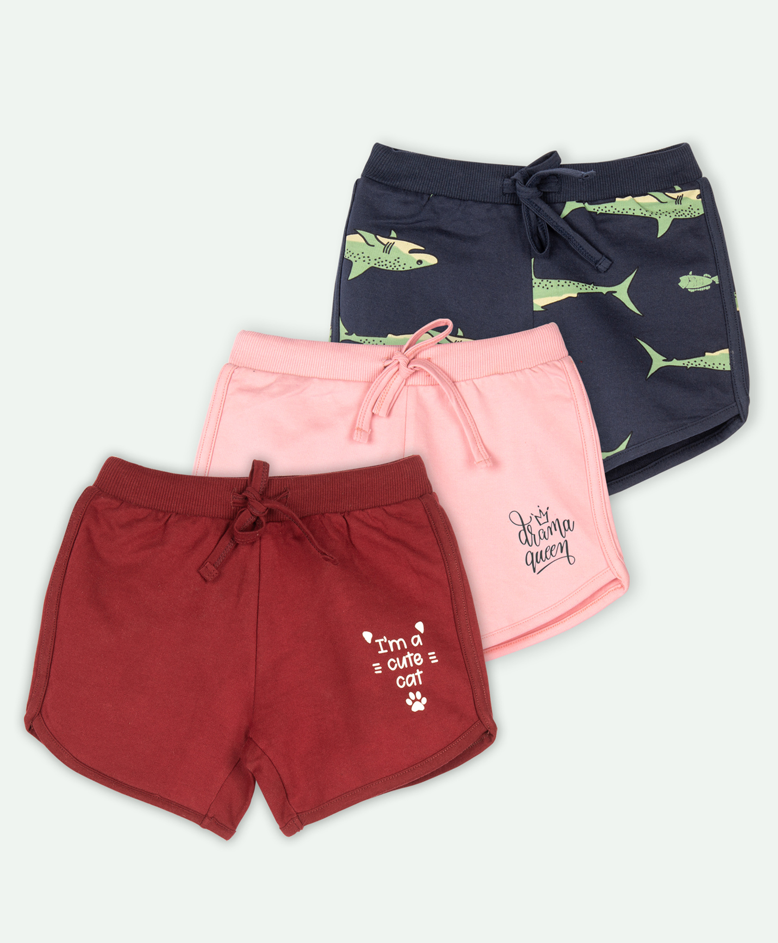 Ariel Cotton Knit Pack Of 3 Sharks & Drama Queen Text Printed Shorts - Navy Blue Maroon & Pink-picture-11