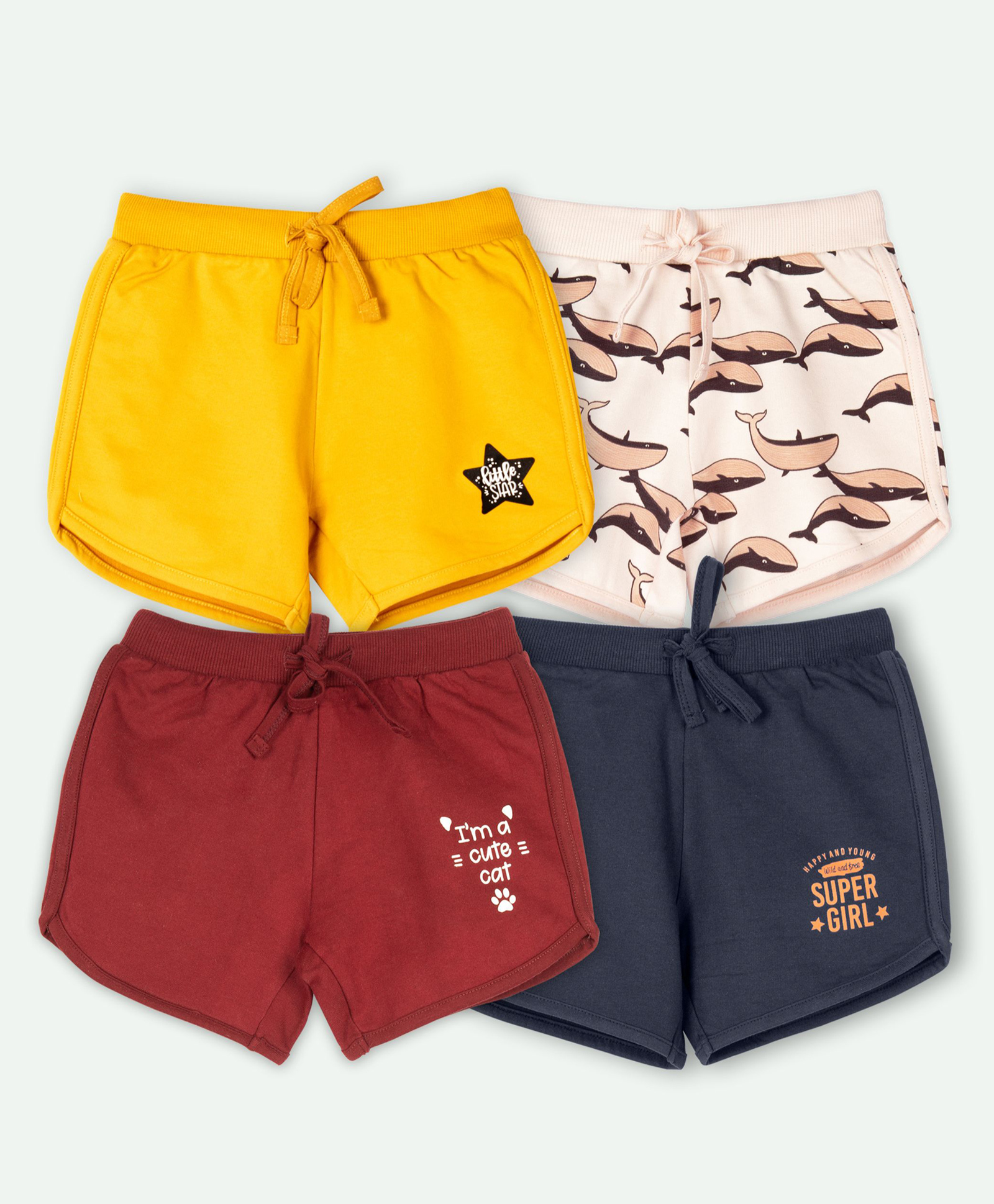 Ariel Cotton Knit Pack Of 4 Whales & Typography Printed Shorts - Yellow Maroon Peach & Navy Blue-picture-12