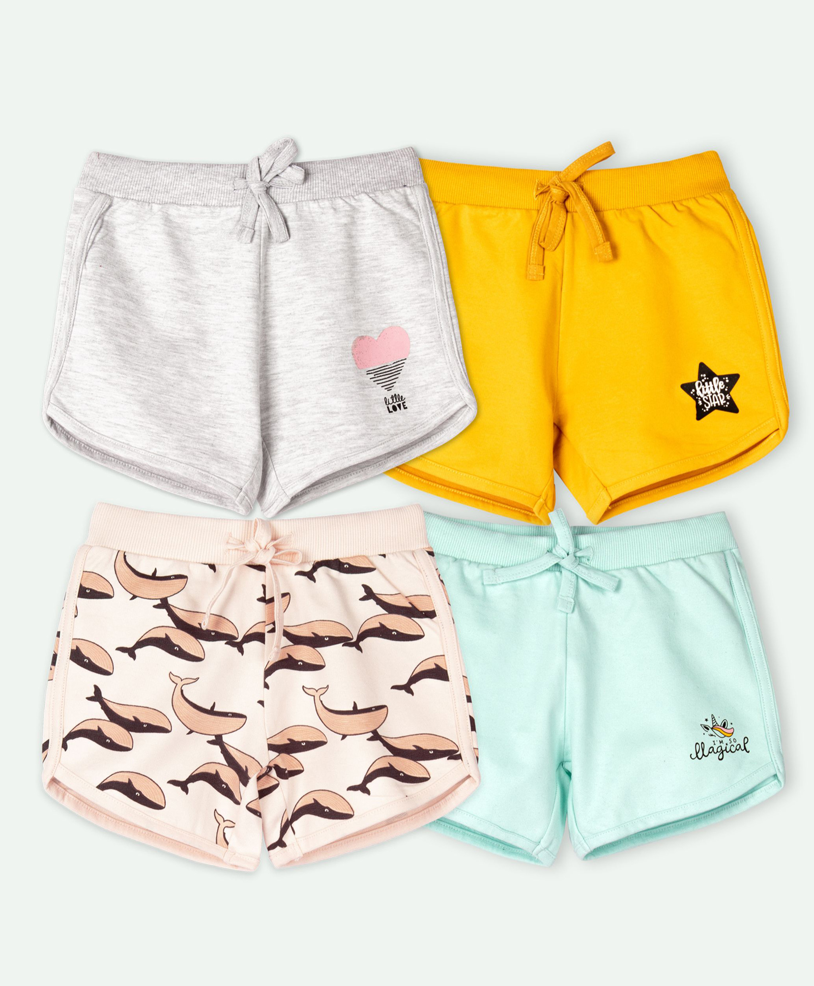 Ariel Cotton Knit Pack Of 4 Whales & Typography Printed Shorts - Grey Yellow Peach & Sky Blue-picture-26