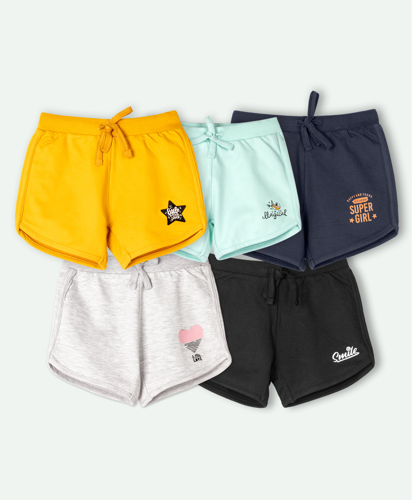 Ariel Cotton Knit Pack Of 5 Heart & Typography Printed Shorts - Yellow Grey Black Sky & Navy Blue-picture-11