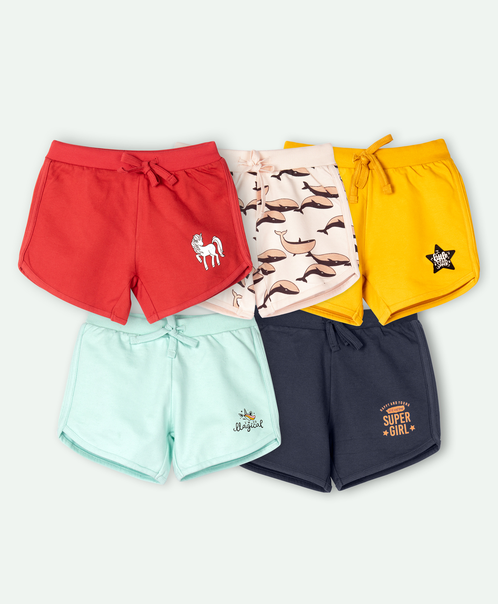 Ariel Cotton Knit Pack Of 5 Unicorn & Typography Printed Shorts - Red Peach Yellow Sky & Navy Blue-picture-17
