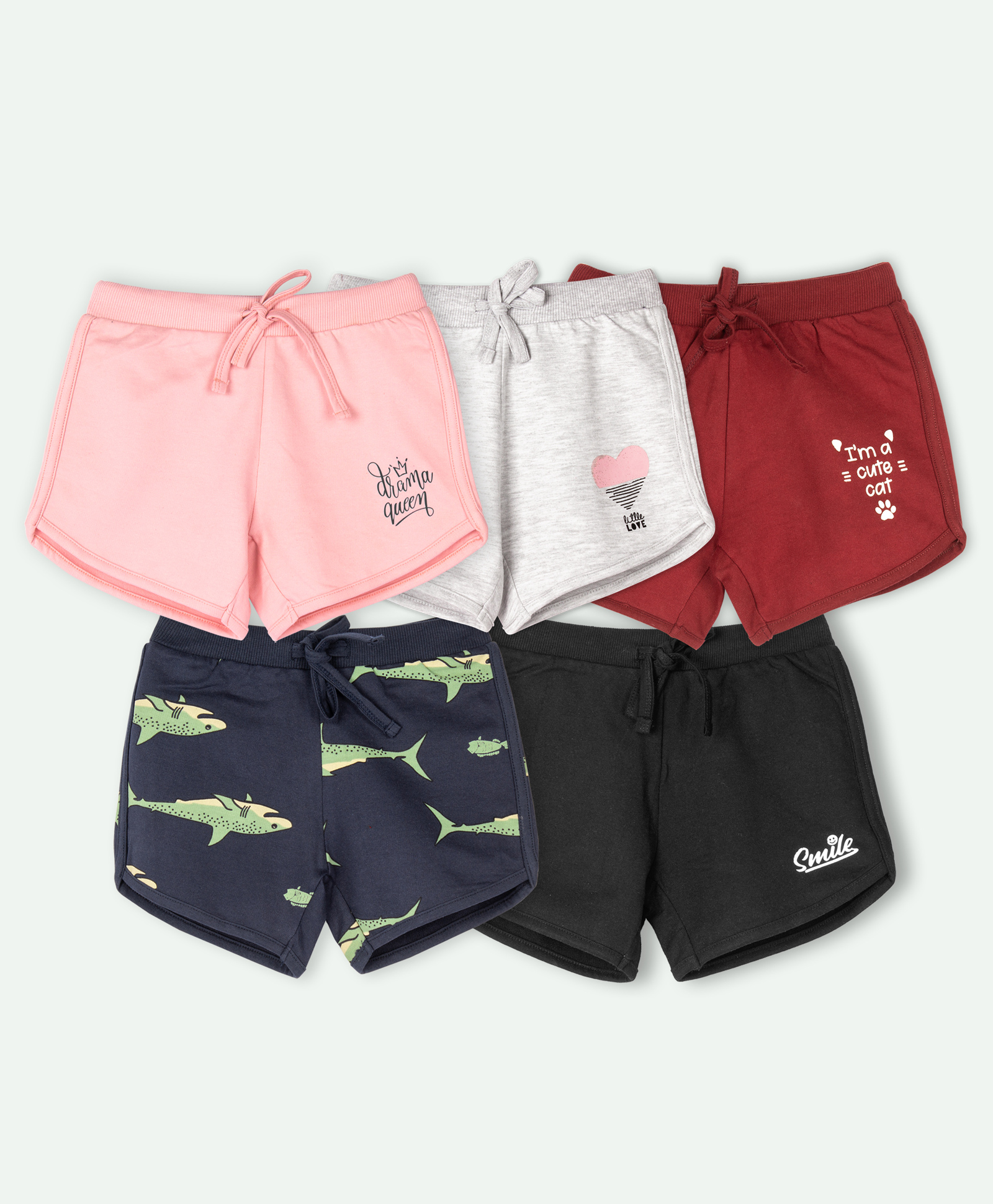 Ariel Cotton Knit Pack Of 5 Sharks & Typography Printed Shorts - Pink Grey Maroon Navy Blue & Black-picture-28