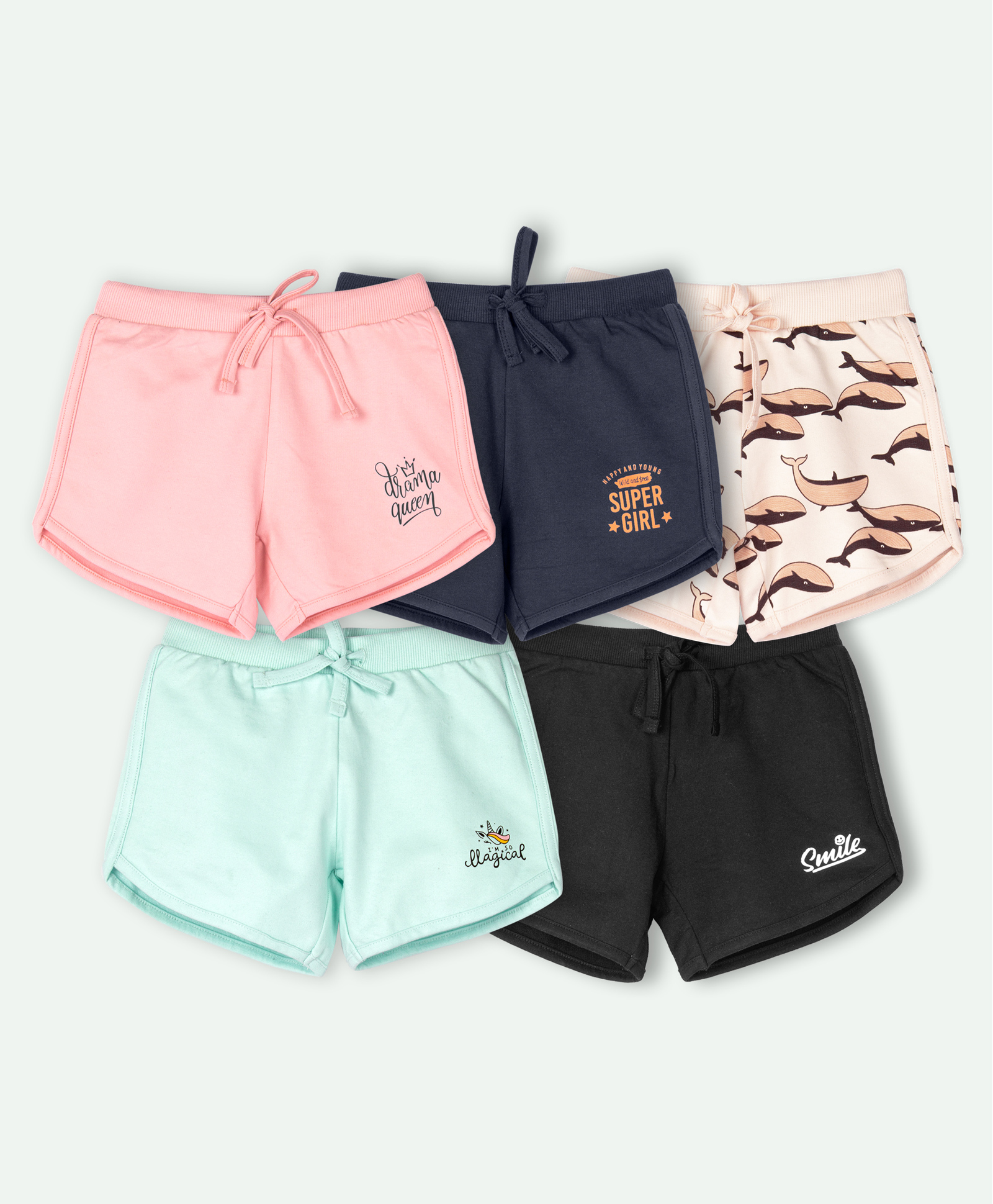 Ariel Cotton Knit Pack Of 5 Whales & Typography Printed Shorts - Pink Peach Black Sky & Navy Blue-picture-21
