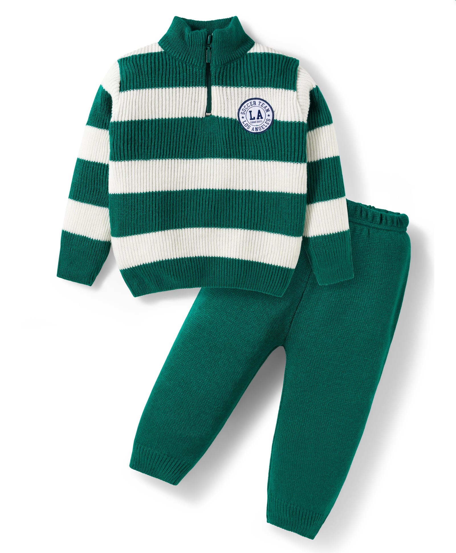 Babyhug Knit Full Sleeves High Neck Collar Sweater Set with Stripes & Patch Detailing - Green-picture-26