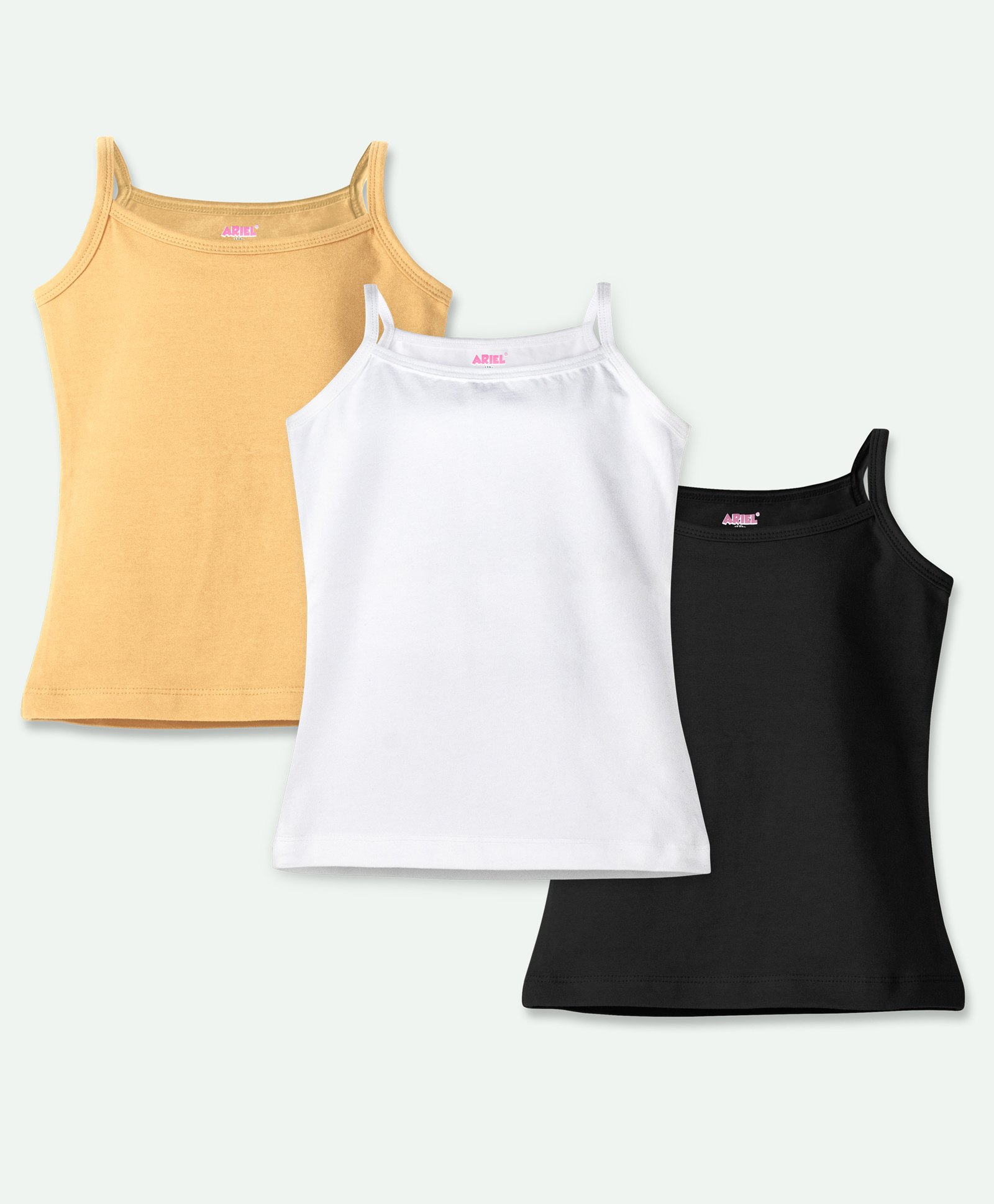 Ariel Cotton Lycra Knit Pack Of 3 Sleeveless Solid Camisoles - White Beige & Black-picture-35