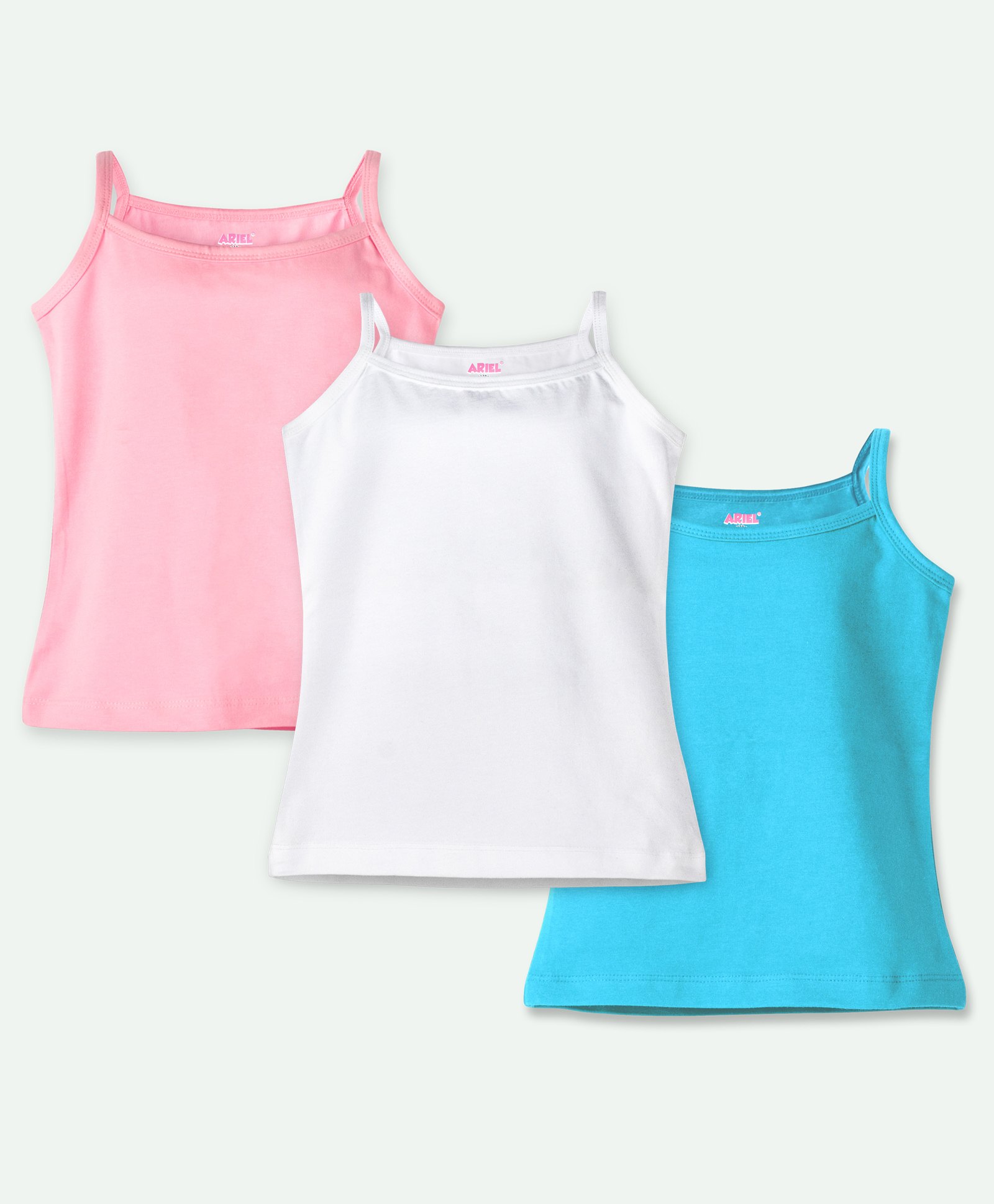 Ariel Cotton Lycra Knit Pack Of 3 Sleeveless Solid Camisoles - Pink White & Sky Blue-picture-21