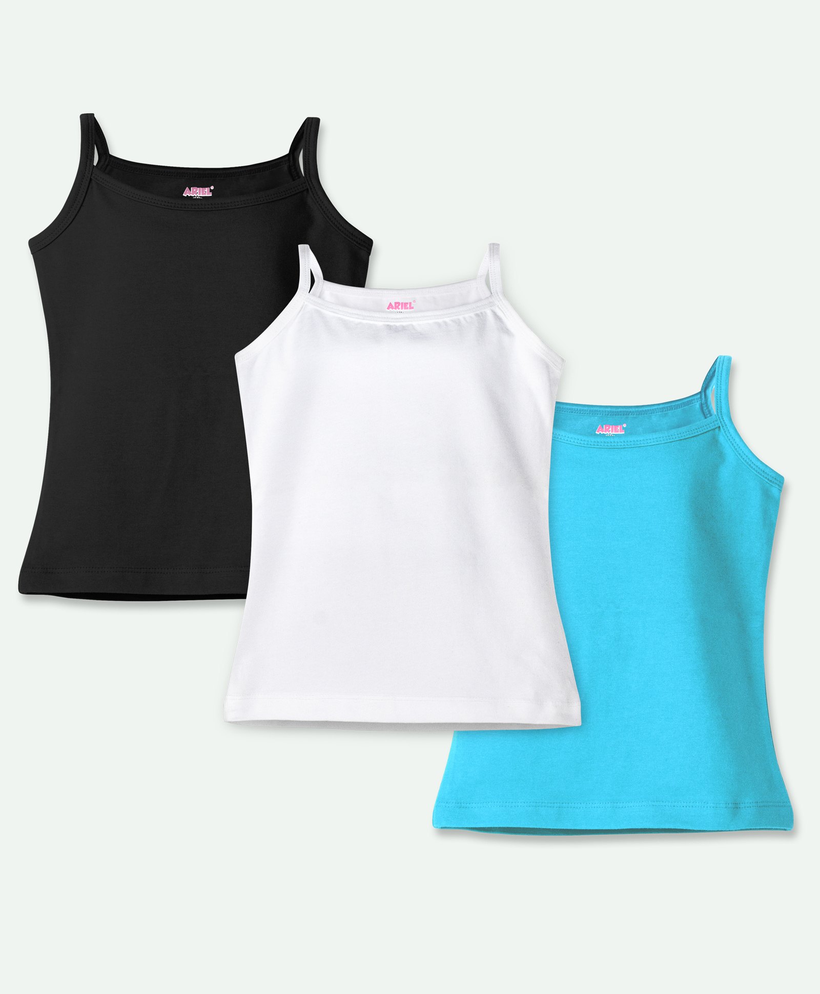 Ariel Cotton Lycra Knit Pack Of 3 Sleeveless Solid Camisoles - Black White & Sky Blue-picture-11