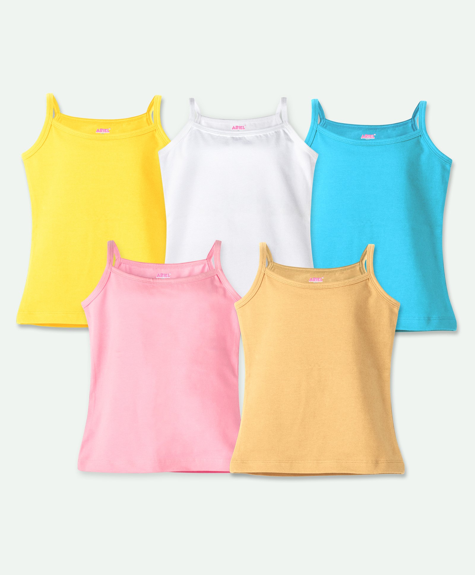 Ariel Cotton Lycra Knit Pack Of 5 Sleeveless Solid Camisoles - Yellow White Sky Blue Pink & Beige-image-31