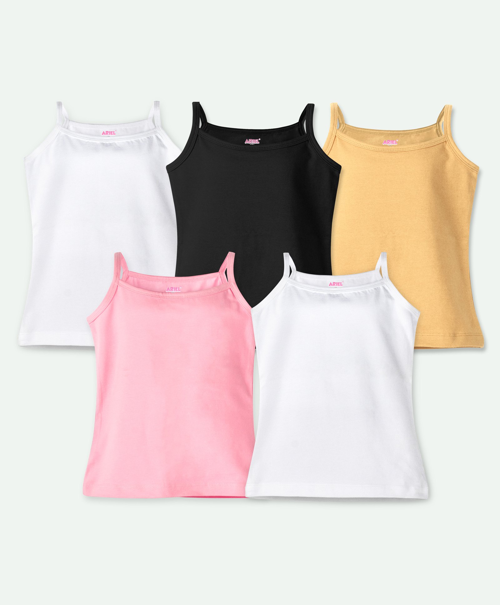 Ariel Cotton Lycra Knit Pack Of 5 Sleeveless Solid Camisoles - Black Beige Pink & White-image-38