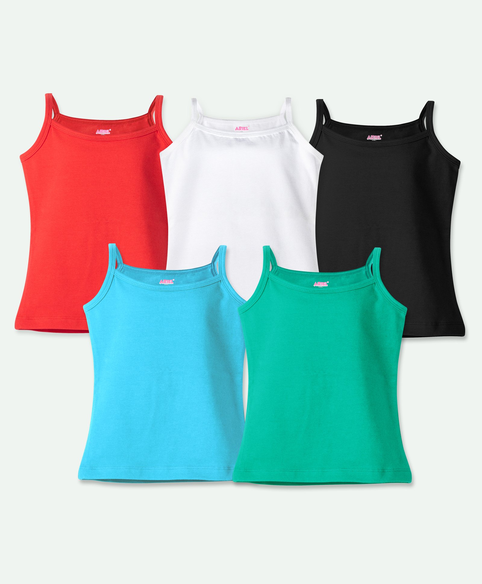 Ariel Cotton Lycra Knit Pack Of 5 Sleeveless Solid Camisoles - Red White Black Sky Blue & Green-picture-27