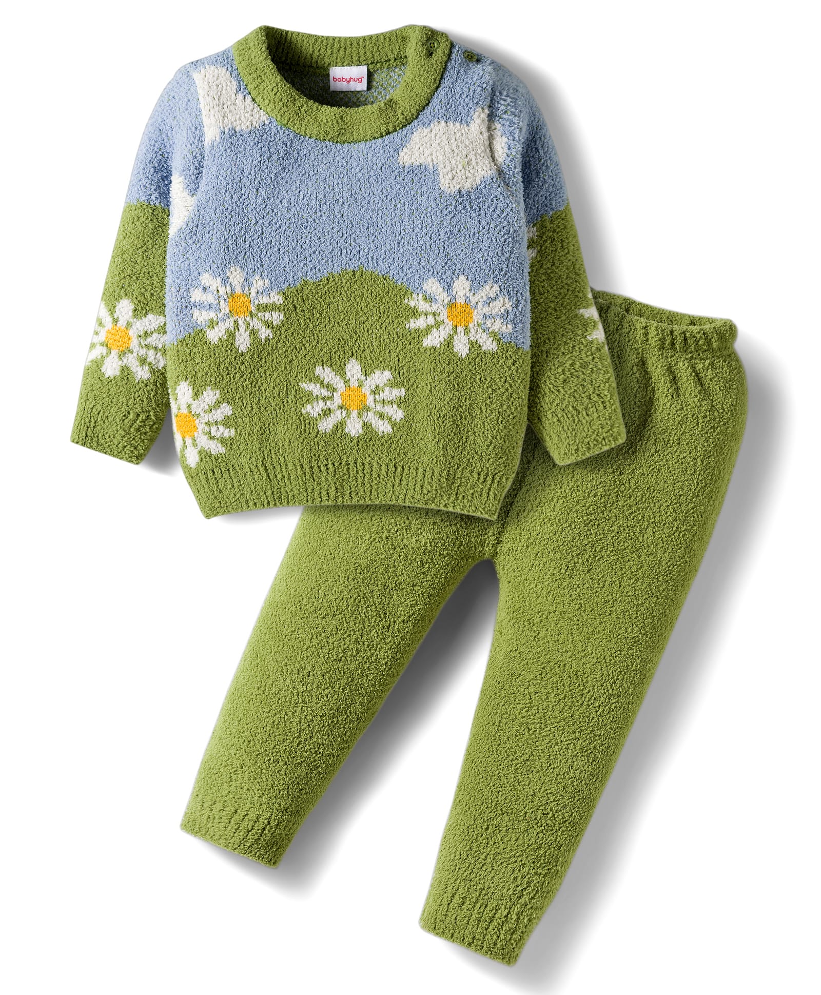 Babyhug Knit Full Sleeves Sweater Set With Floral Print - Green-image-17
