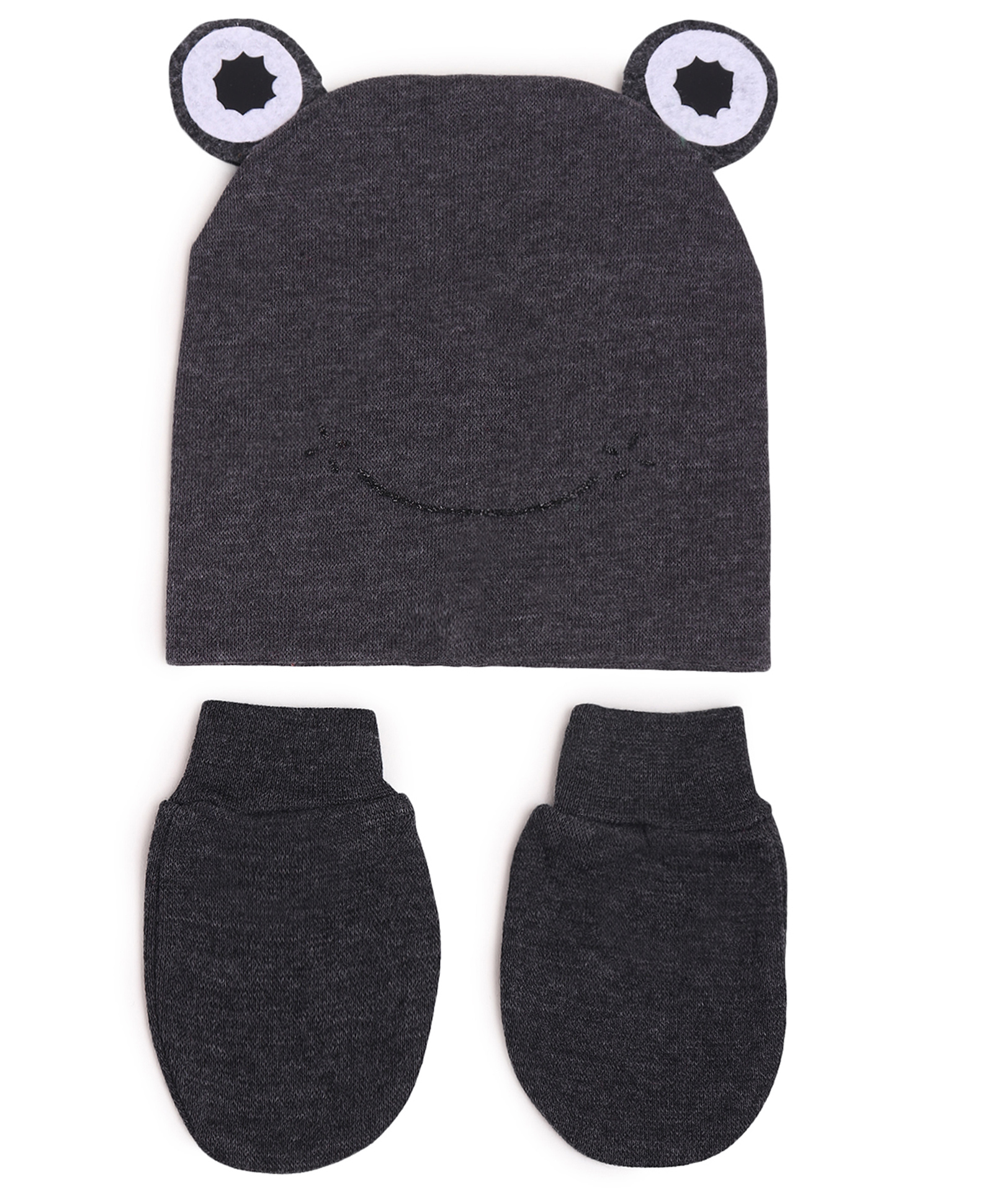 Tipy Tipy Tap Cotton Frog Eyes Applique Detailed Cap With Mittens Set - Dark Grey - Diameter - 32cm-picture-54