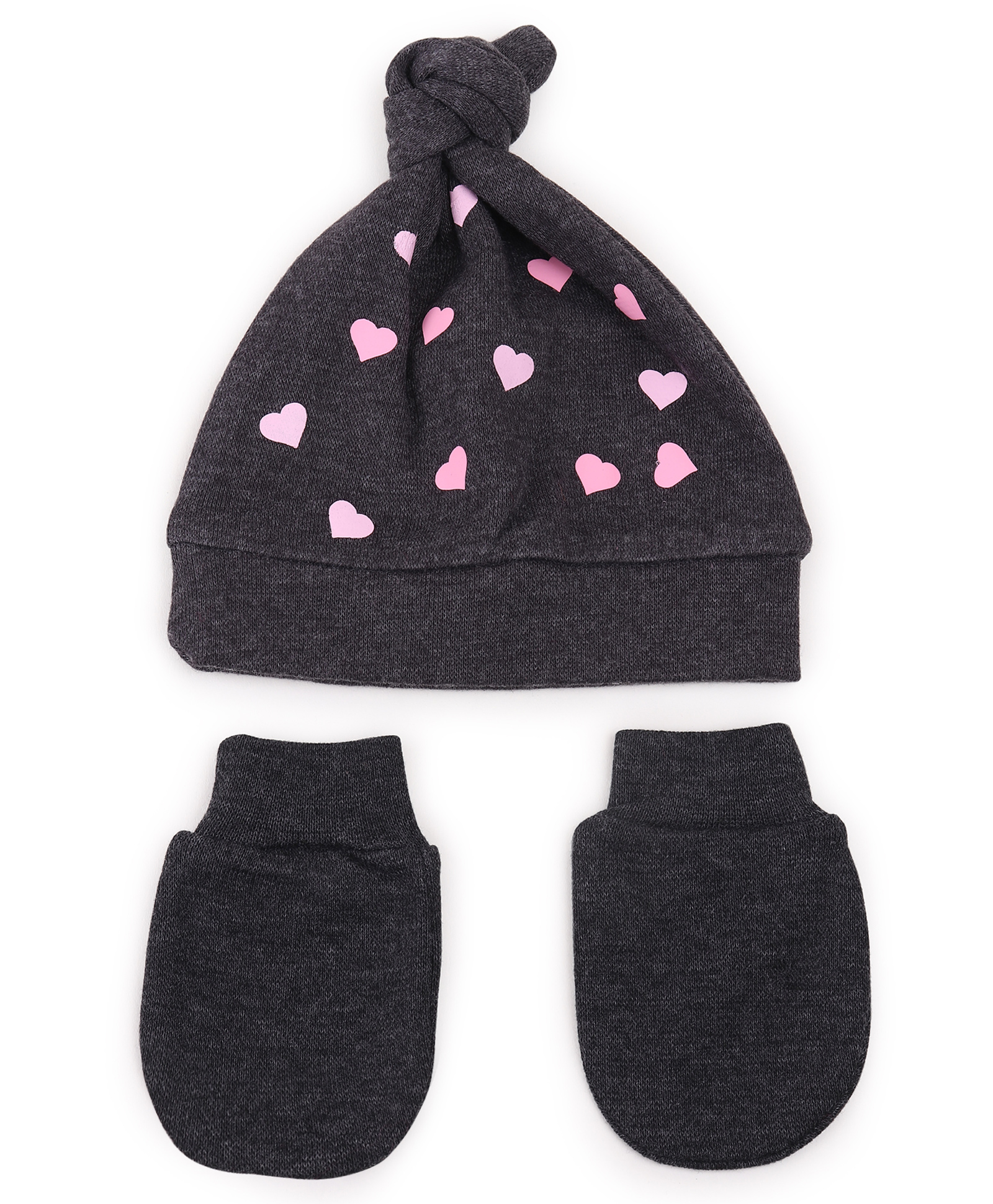 Tipy Tipy Tap Cotton Heart Designed Cap With Mittens Set - Dark Grey - Diameter - 32cm-picture-20