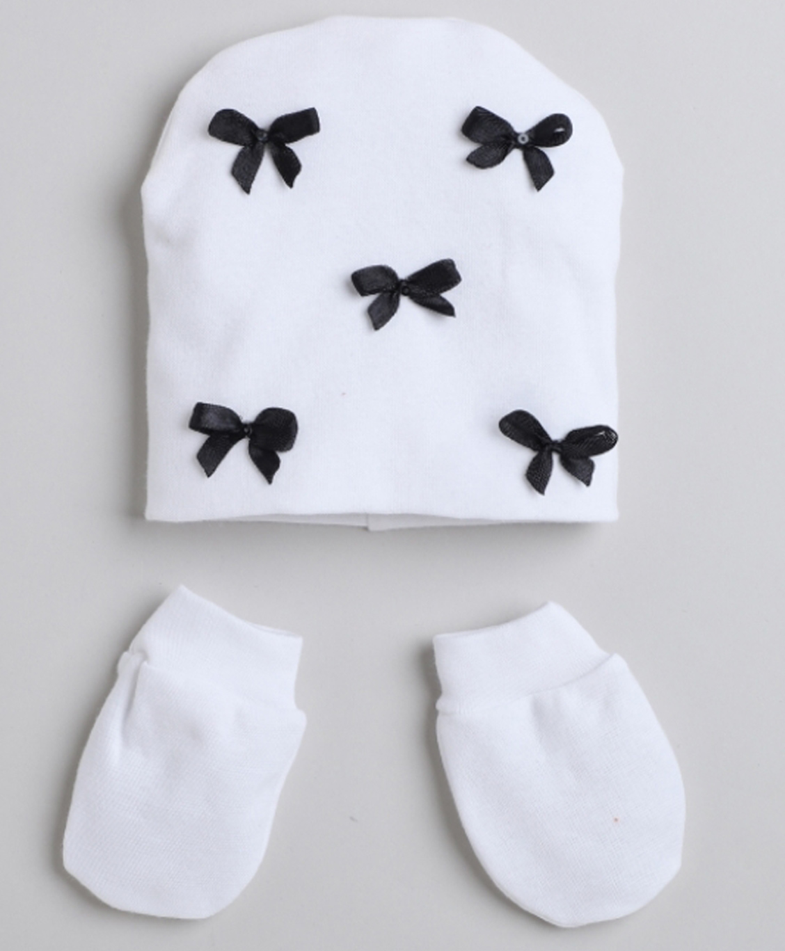 Tipy Tipy Tap Cotton Bow Applique Detailed Cap With Mittens Set - White - Diameter - 34cm-image-13