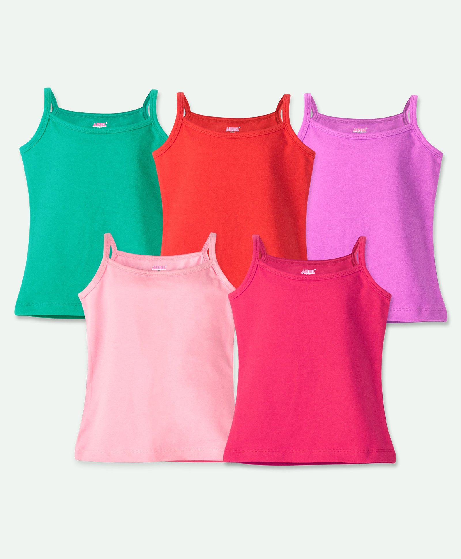 Ariel Cotton Lycra Knit Pack Of 5 Sleeveless Solid Camisoles - Green Red Purple & Pink-image-39