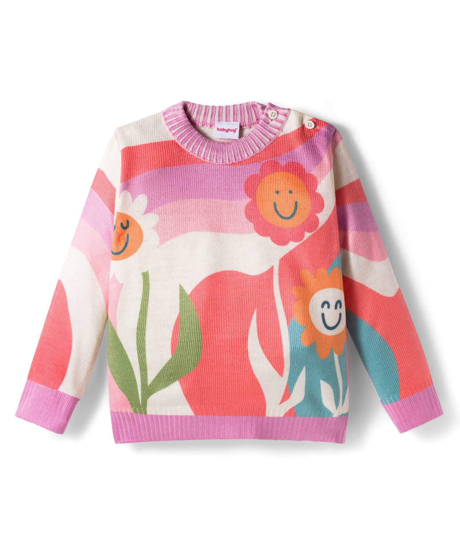 Babyhug Knitted Full Sleeves Pullover Sweater With Floral Design - Multicolor-picture-22