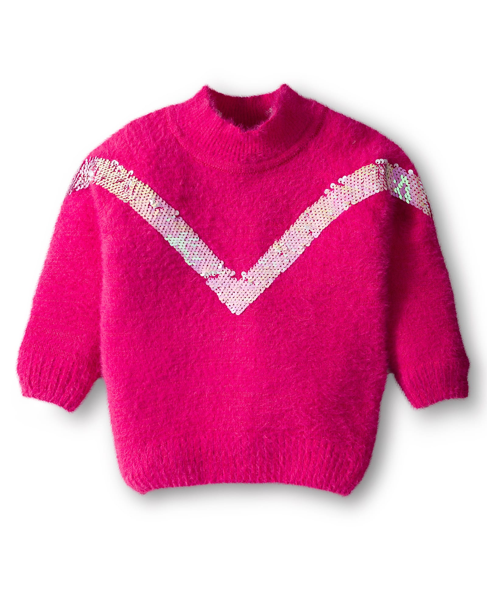 Babyhug Knit Full Sleeves Pullover Sweater with Turtle Neck & Sequin Design - Fuchsia-image-10