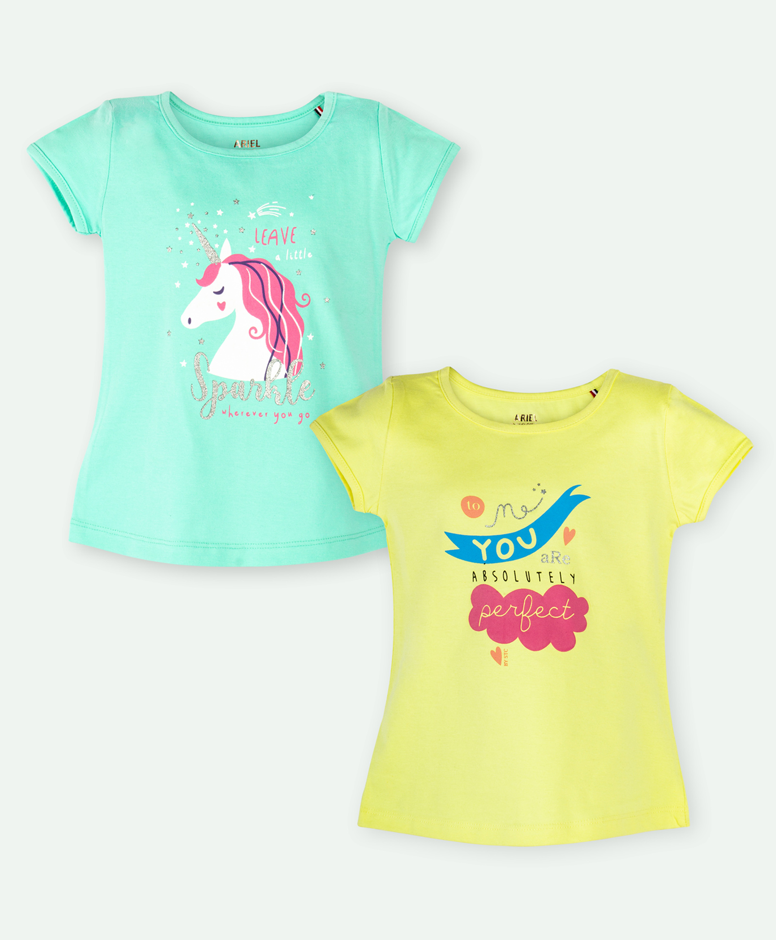 Ariel Cotton Knit Pack Of 2 Half Sleeves Unicorn & Typography Printed Tops - Green & Yellow-picture-23