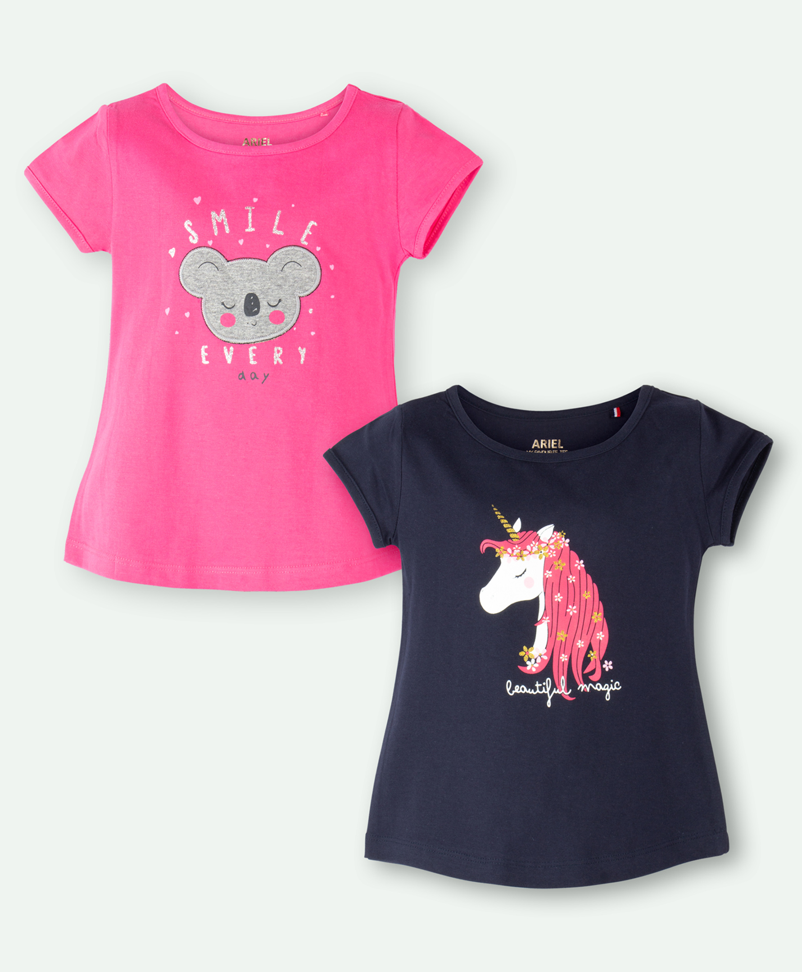 Ariel Cotton Knit Pack Of 2 Half Sleeves Unicorn Printed & Koala Embroidered Tops - Pink & Navy Blue-picture-26