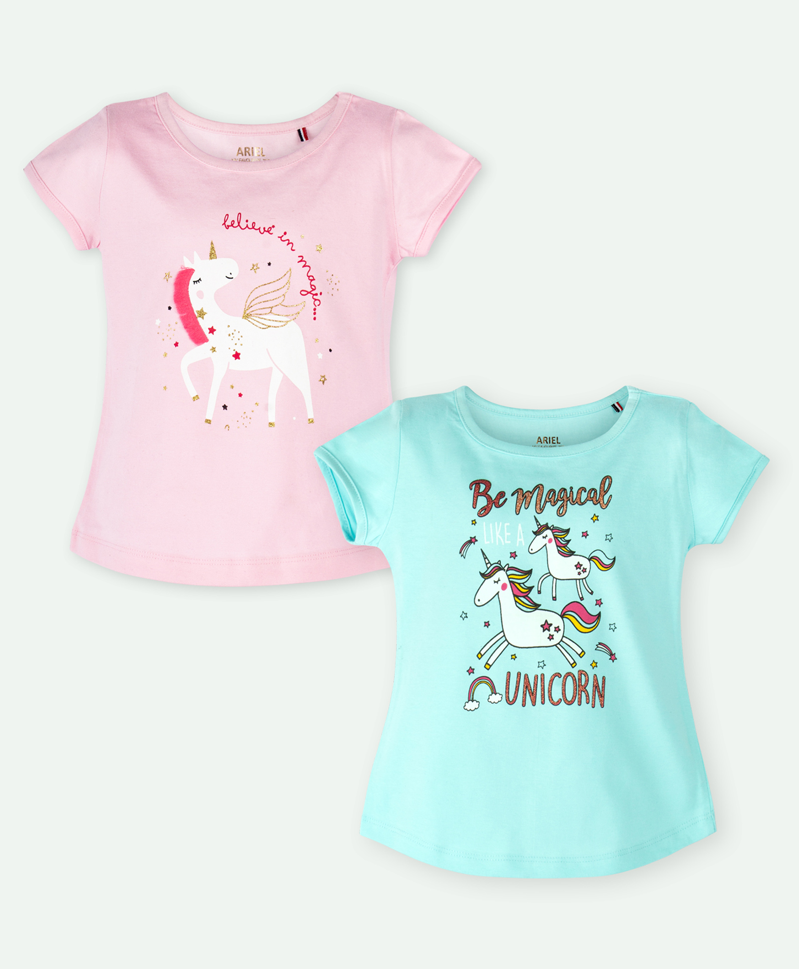 Ariel Cotton Knit Pack Of 2 Half Sleeves Unicorn & Typography Printed Tops - Pink & Sky Blue-image-24