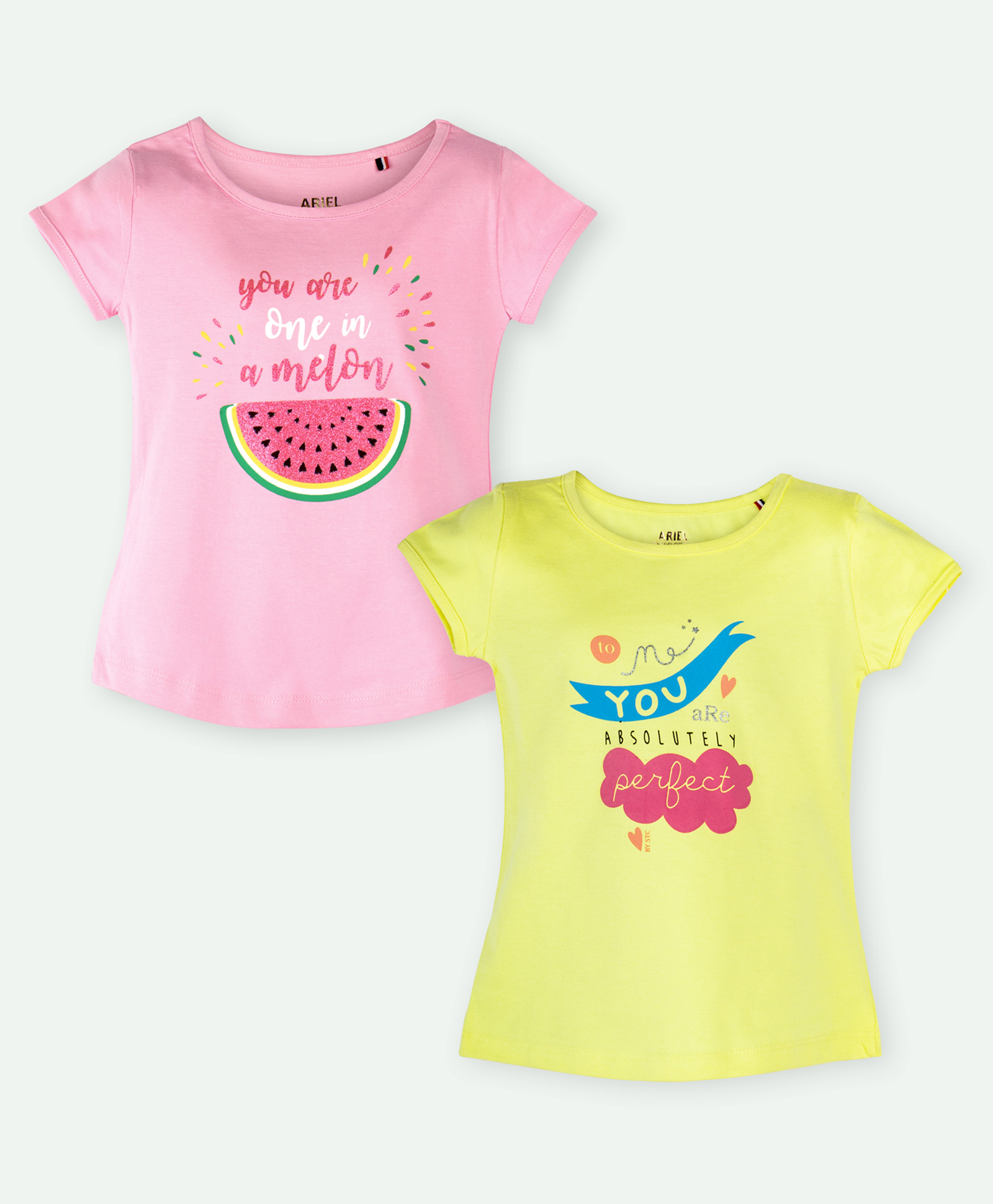 Ariel Cotton Knit Pack Of 2 Half Sleeves Typography Printed Tops - Pink & Yellow-picture-21