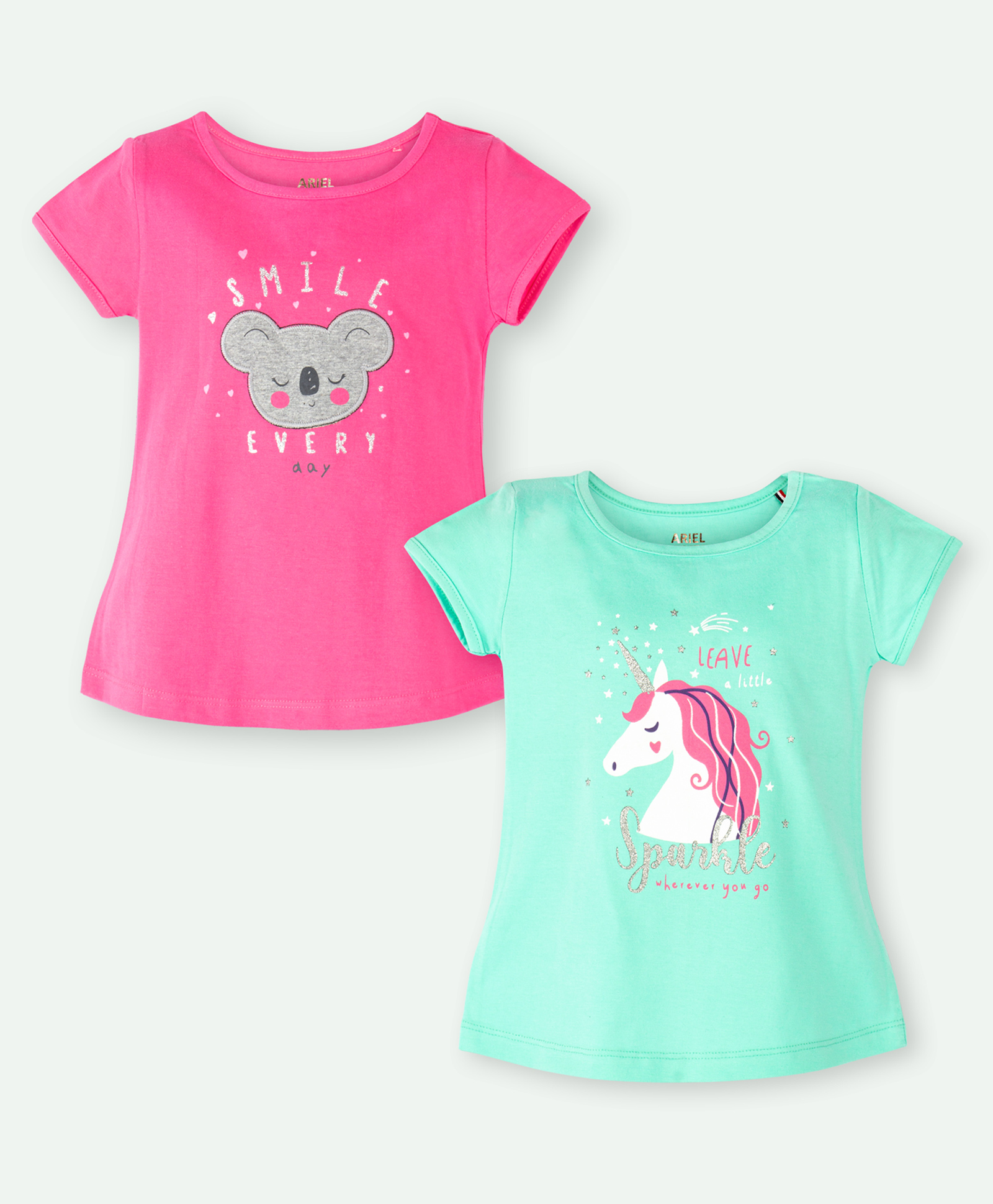 Ariel Cotton Knit Pack Of 2 Half Sleeves Koala Embroidered & Typography Printed Tops - Pink & Green-image-27