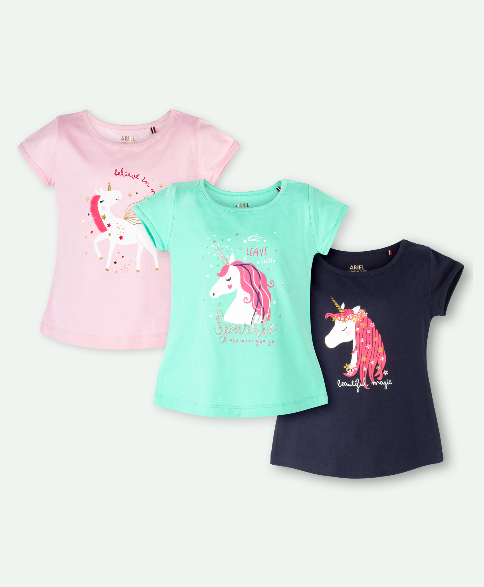 Ariel Cotton Knit Pack Of 3 Half Sleeves Unicorn & Typography Printed Tops - Pink Green & Navy Blue-picture-15