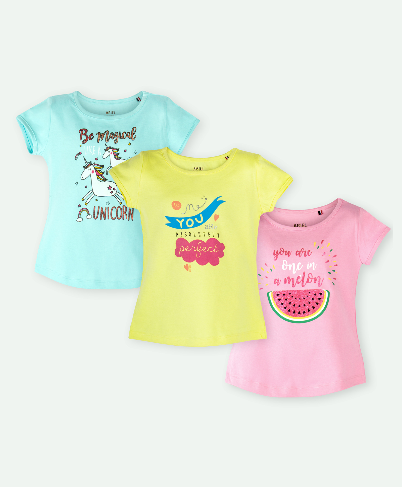 Ariel Cotton Knit Pack Of 3 Half Sleeves Unicorn & Typography Printed Tops - Sky Blue Yellow & Pink-picture-10