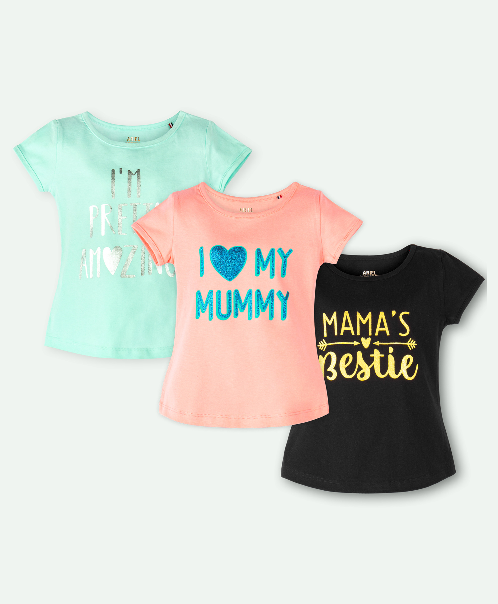 Ariel Cotton Knit Pack Of 3 Half Sleeves Typography Glitter & Foil Printed Tops - Green Orange & Black-picture-17