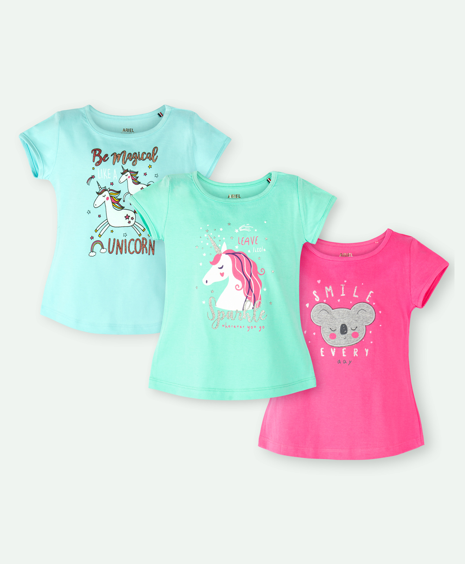 Ariel Cotton Knit Pack Of 3 Half Sleeves Unicorn & Typography Printed Tops - Sky Blue Green & Pink-picture-13