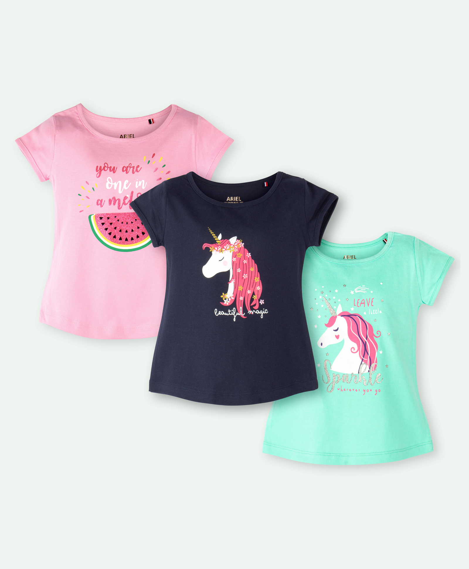 Ariel Cotton Knit Pack Of 3 Half Sleeves Unicorn & Typography Printed Tops - Pink Navy Blue & Green-picture-14