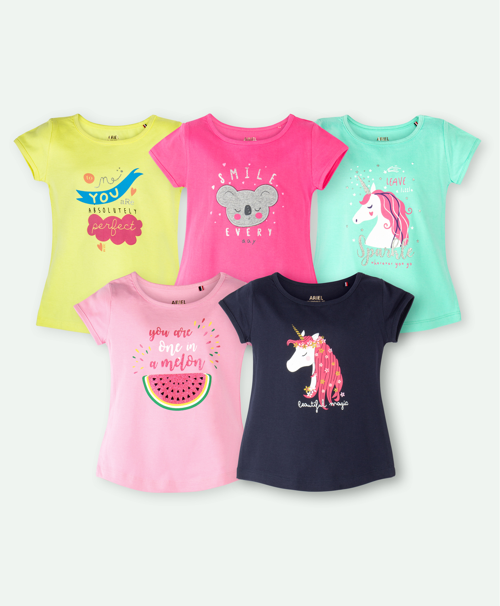 Ariel Cotton Knit Pack Of 5 Half Sleeves Unicorn & Typography Printed Tops - Yellow Pink Green & Navy Blue-picture-22