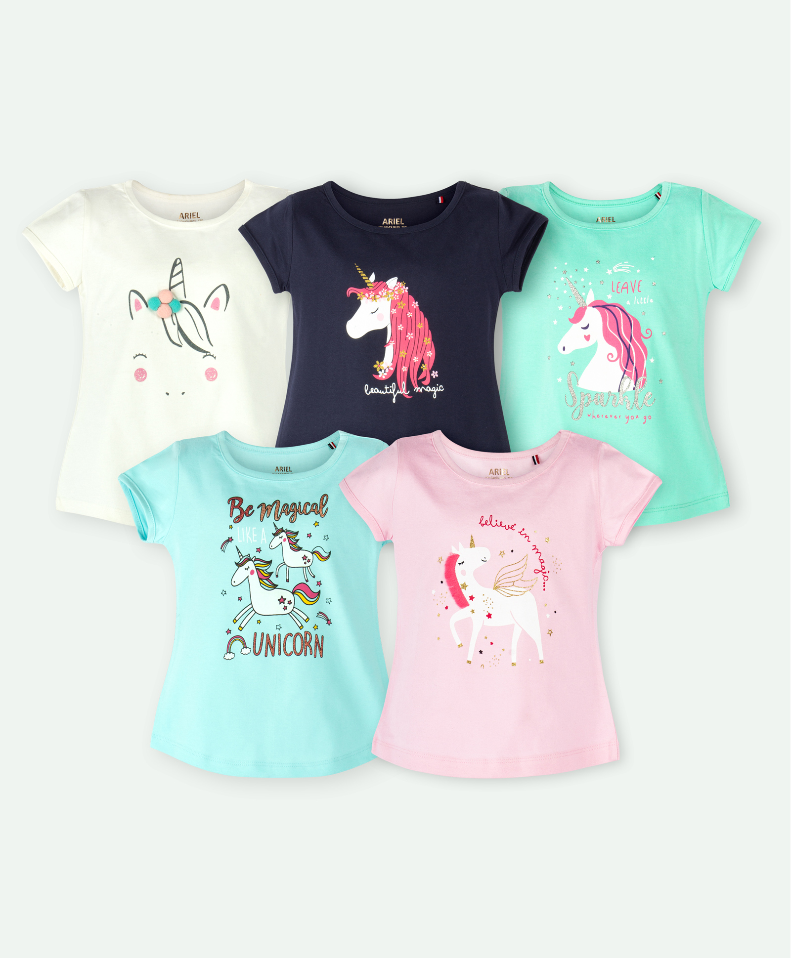 Ariel Cotton Knit Pack Of 5 Half Sleeves Unicorn & Typography Printed Tops - Cream Green Pink Navy & Sky Blue-image-25