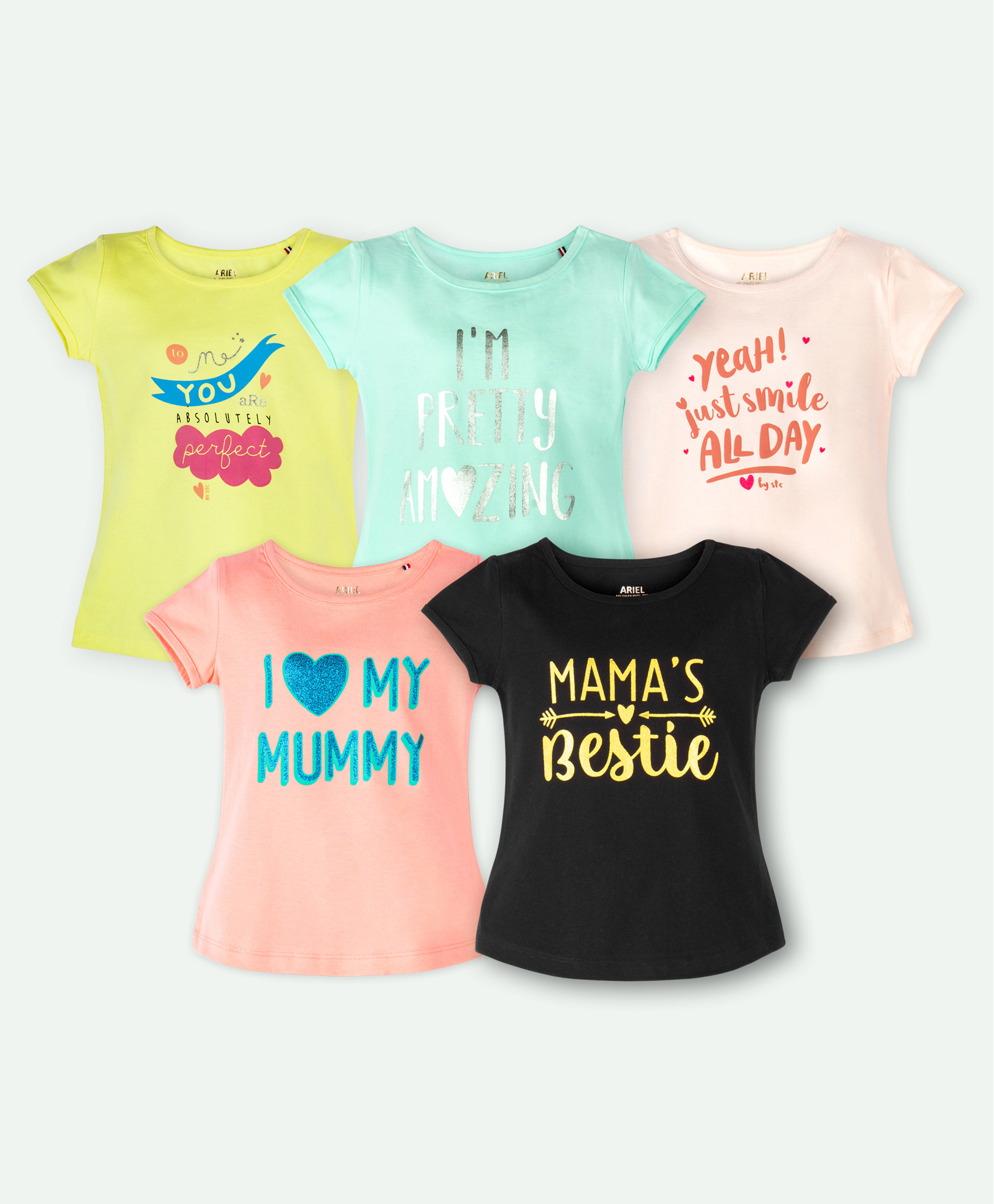 Ariel Cotton Knit Pack Of 5 Half Sleeves Typography Printed Tops - Yellow Green Orange & Black-picture-31