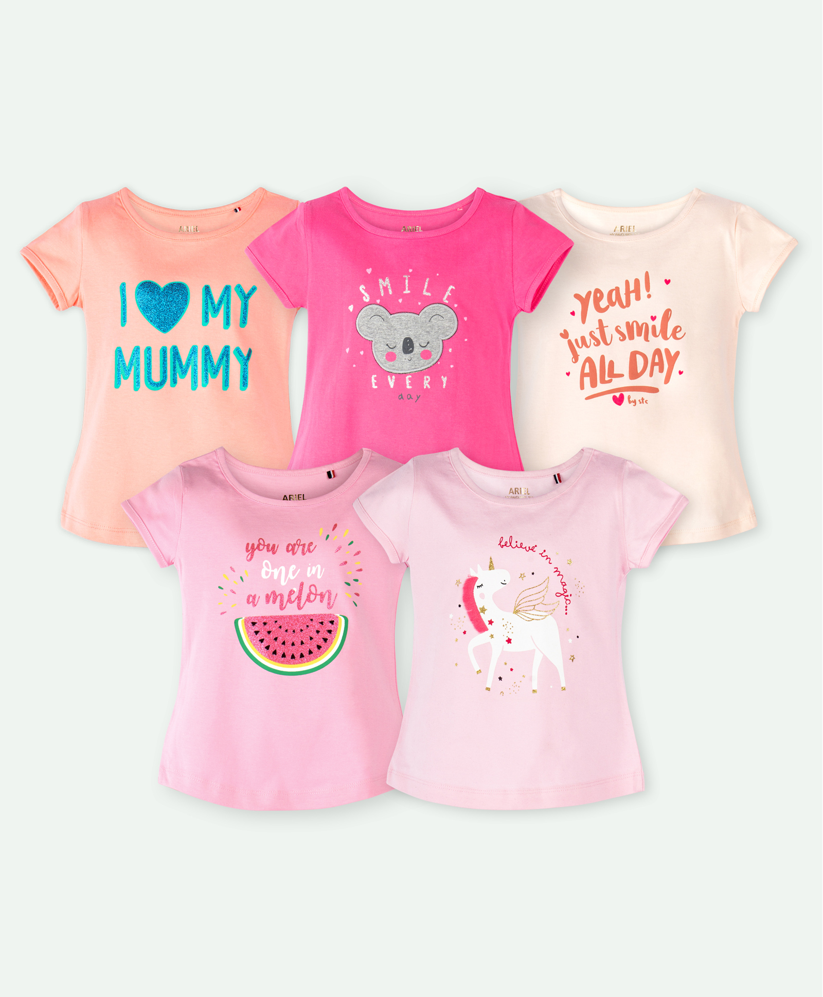 Ariel Cotton Knit Pack Of 5 Half Sleeves Unicorn & Typography Printed Tops - Pink & Orange-picture-18